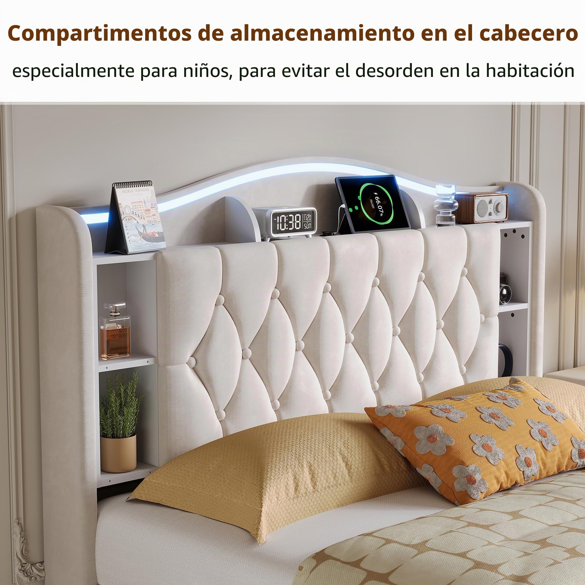 Cama de matrimonio de 160 x 190 cm con contenedor hidráulico, cama acolchada de terciopelo con LED RGB y USB/Type-C, cabecero con estantes de almacenamiento, estructura de cama con somier de láminas