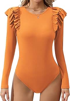 Missufe Long Sleeve Bodysuit Ruffle Tops Women's Knit Fitted