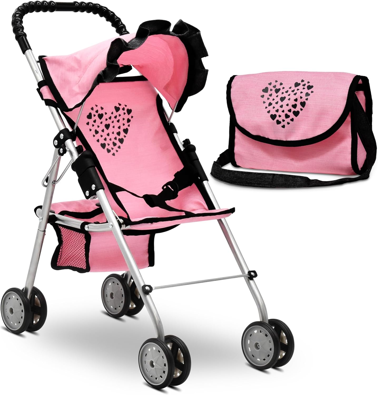Dolls To Play Baby Doll Stroller for Girls, Toddler Play Toy Buggy Carriage Foldable with Canopy Storage Basket Travel Diaper Bag – Heart Design Dolls To Play Baby Doll Stroller for Girls, Toddler Play Toy Buggy Carriage Foldable with Canopy Storage Basket Travel Diaper Bag – Heart Design