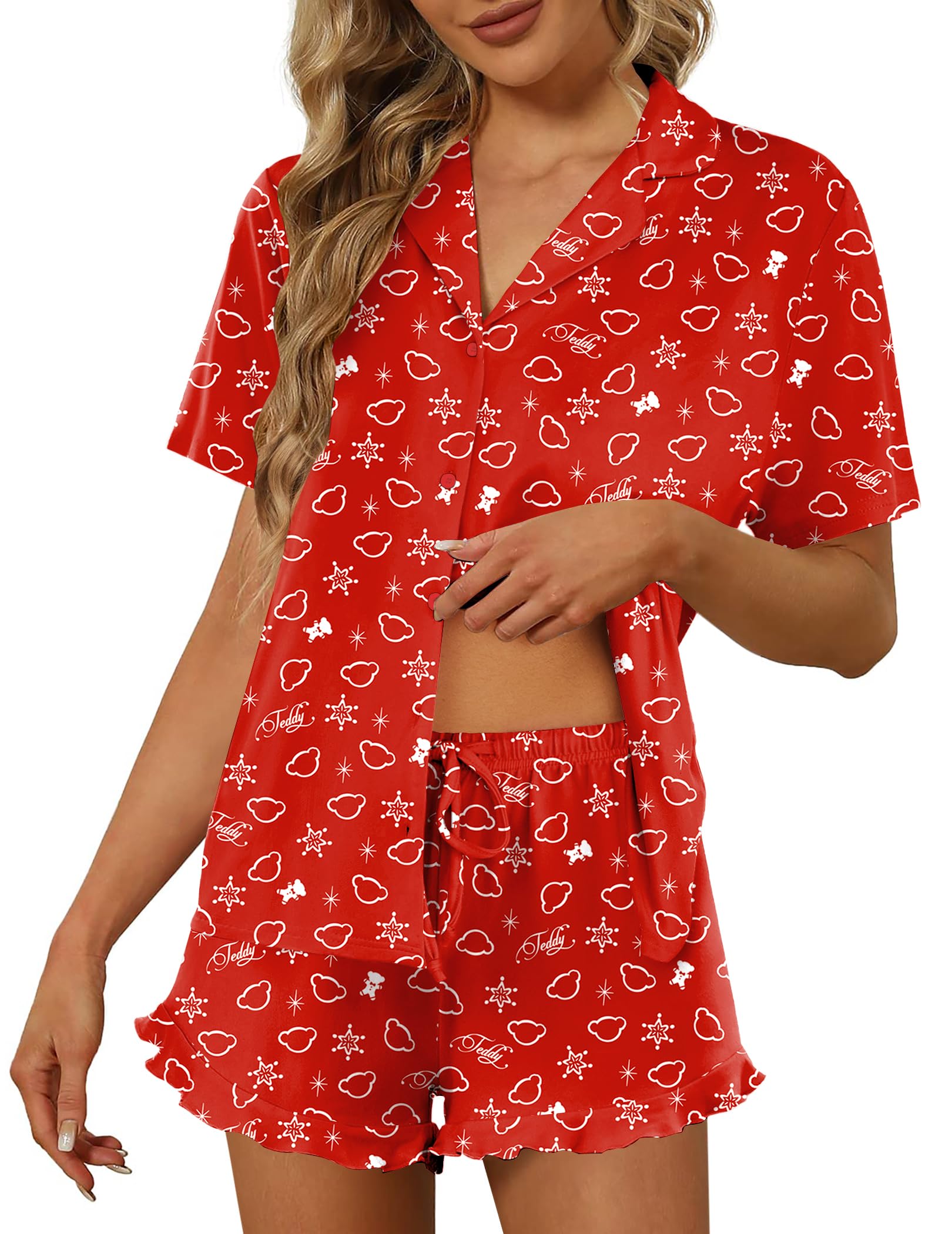 Ekouaer Pajamas Set for Women Short Sleeve Sleepwear Button Down Ruffle Pjs | Soft Pjs Shorts Set, Notch Collar, Lounge Sets for Sleep, Lounge, Wedding, Bridal Party