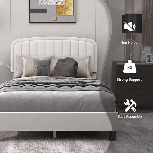 Miniatura 7 de Bonzy Home Base de cama matrimonial con cabecero, base de cama tapizada moderna de tamaño matrimonial, soporte de listones de madera maciza, no