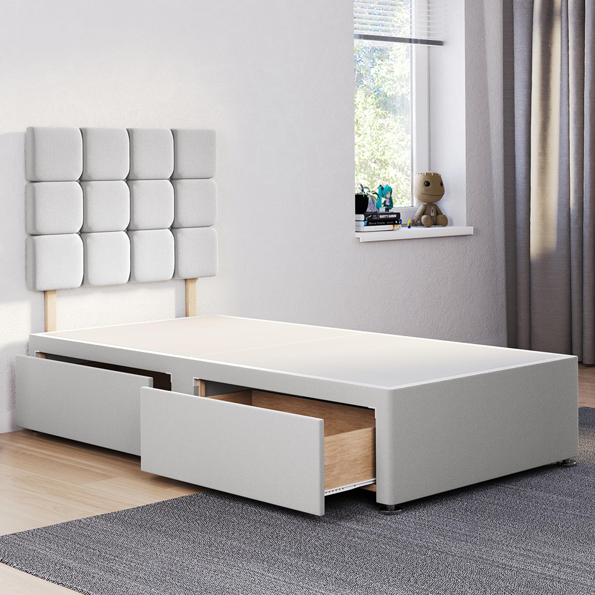 ComfoRest - Elegant 3FT Single Divan Bed with 2 Drawers & 24" Cube Headboard | Stylish Frame with Storage and a Durable Base (Silver Plush) — image 1