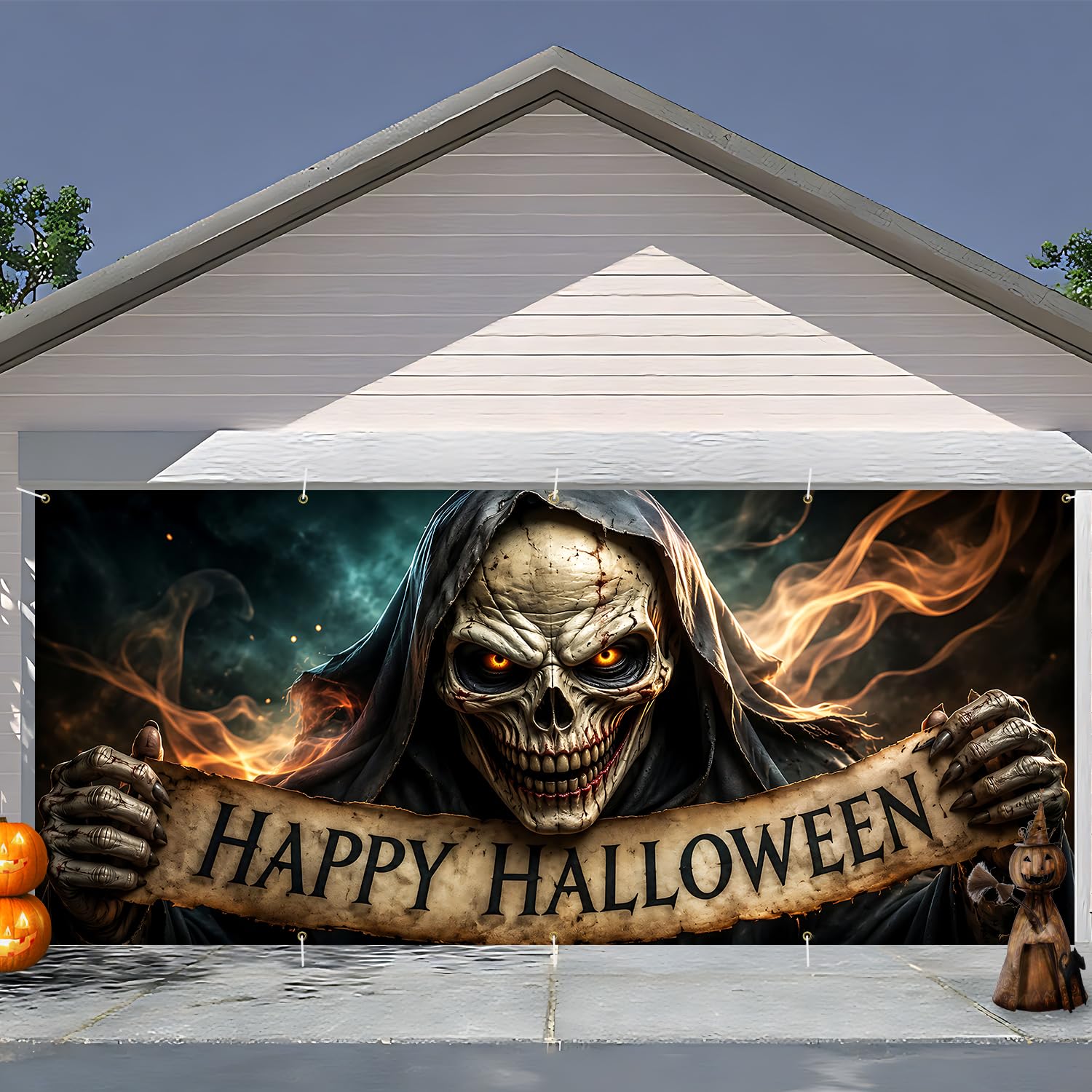 7 x 16 ft Vintage Skull Halloween Garage Door Decorations Halloween decorations Witch Door Cover, Hanging Banner Cauldron Backdrop Mural for Home