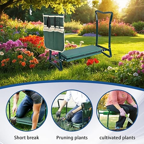 Miniatura 7 de WFLNHB Taburete de jardín y asiento plegable plegable de jardín portátil con bolsa de herramientas y almohadilla suave para rodillas