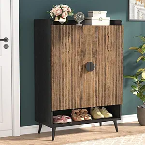 Tribesigns Shoe Cabinet with Doors, 7-Tier Shoe Storage Cabinet with Adjustable Shelves, Wooden Shoes Rack Shoe Storage Organizer for Entryway, Hallway, Closet, Living Room, Rustic Brown