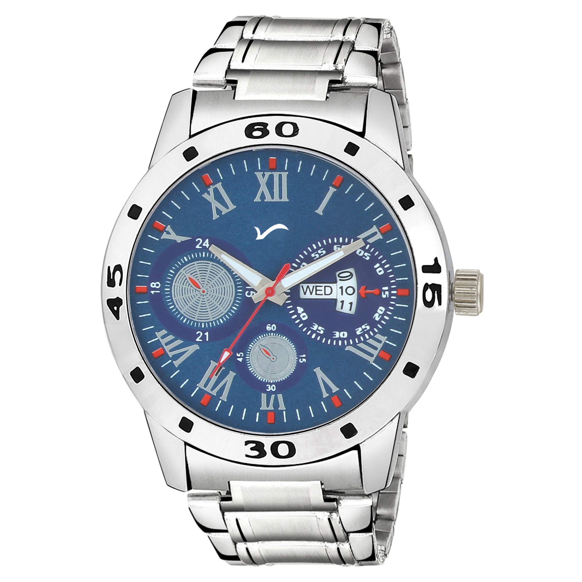 WRIGHTRACK Quartz Movement Blue/Brown/Black/White Dial Stainless Steel Strap Day & Date Analogue Casual Wrist Watch for Men (Silver- Blue Dial) (B07MJ4XMFJ) Amazon Price History, Amazon Price Tracker