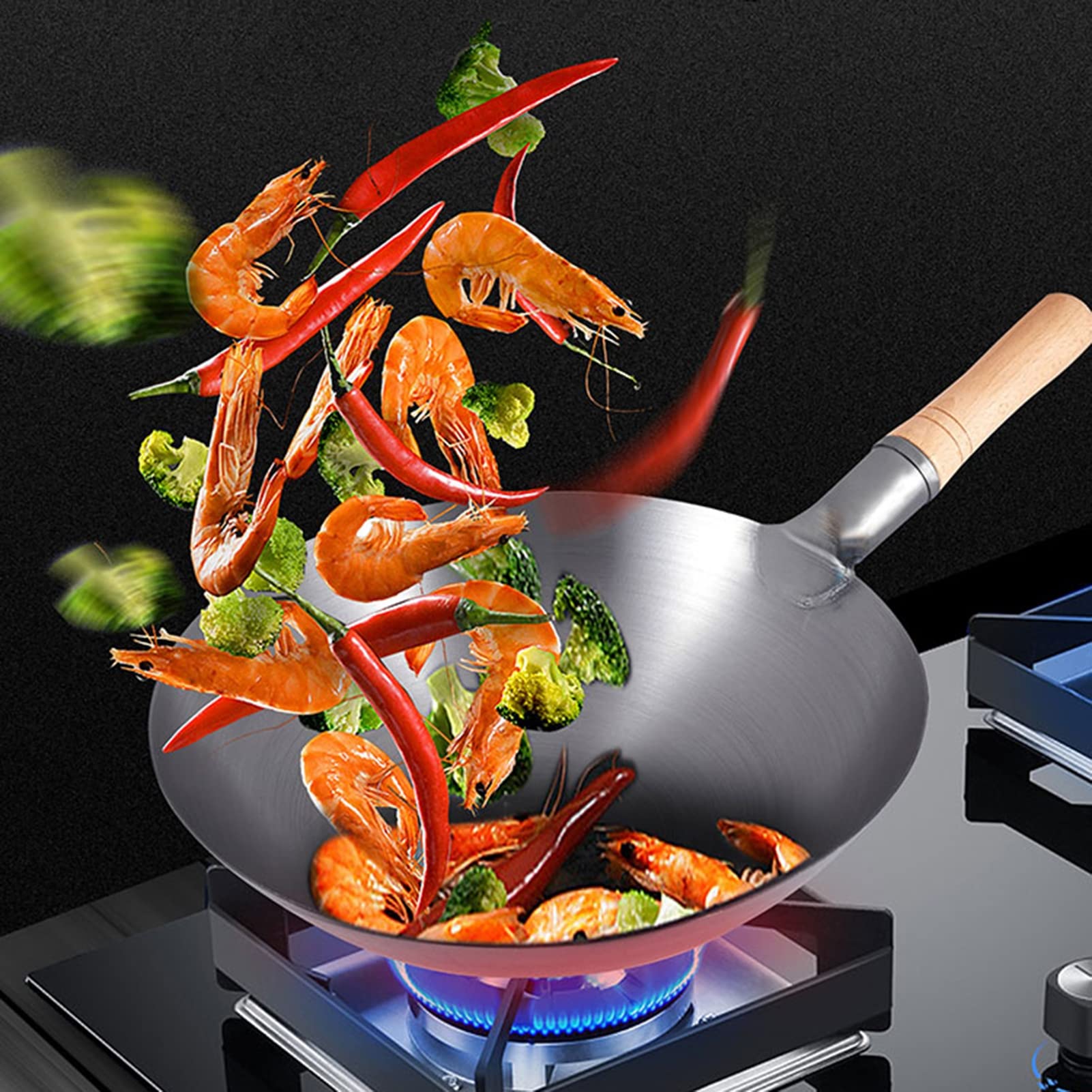 Wok in Ferro forgiato a Mano, Wok Tradizionale Cinese in Acciaio al Carbonio martellato a Mano con Manico in Legno, Senza Rivestimento per Cucinare in Cucina, 34 cm,36cm