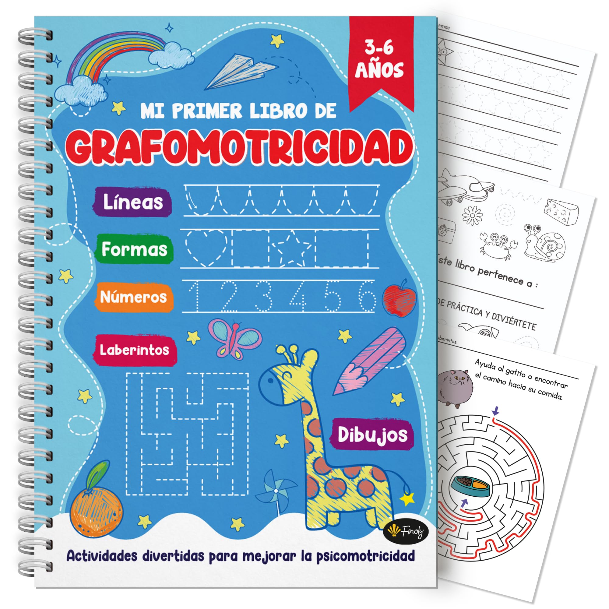 Finoly Mi Primer Libro Grafomotricidad Niños de 3 a 6 años | Cuaderno Trazos y Preescritura | Aprender Actividades y Ejercicios Líneas Formas Números Laberintos Dibujos | Aprender a Leer y Escribir