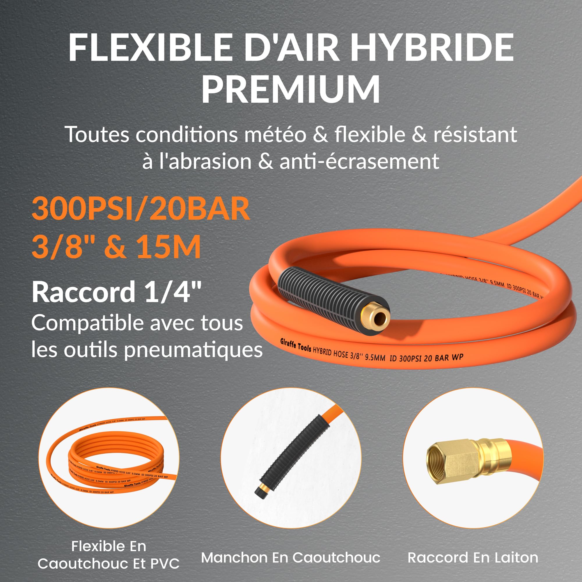 Giraffe Tools Enrouleur Tuyau Air Comprimé 15m+1m, Mural Enrouleur de Tuyau d'Air Comprimé avec tuyau air hybride 3/8", 20Bar/300PSI, Rétractation Automatique, Raccord en Laiton 1/4"
