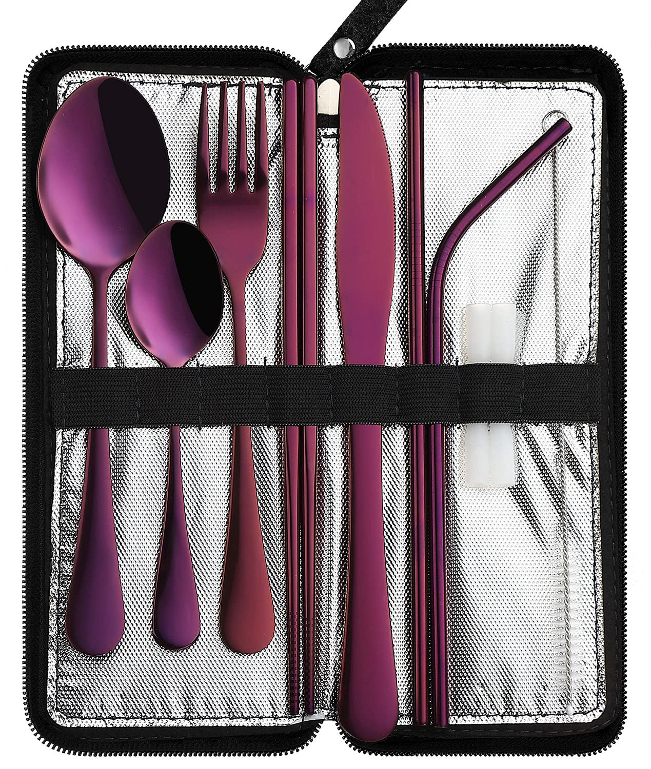VANDBAO Portable Travel Utensils, Reusable Silverware with Case for Fixing Tableware, 9 Pieces Stainless Steel Stable Flatware Set, Camping Picnic Cutlery Set (Purple Set)