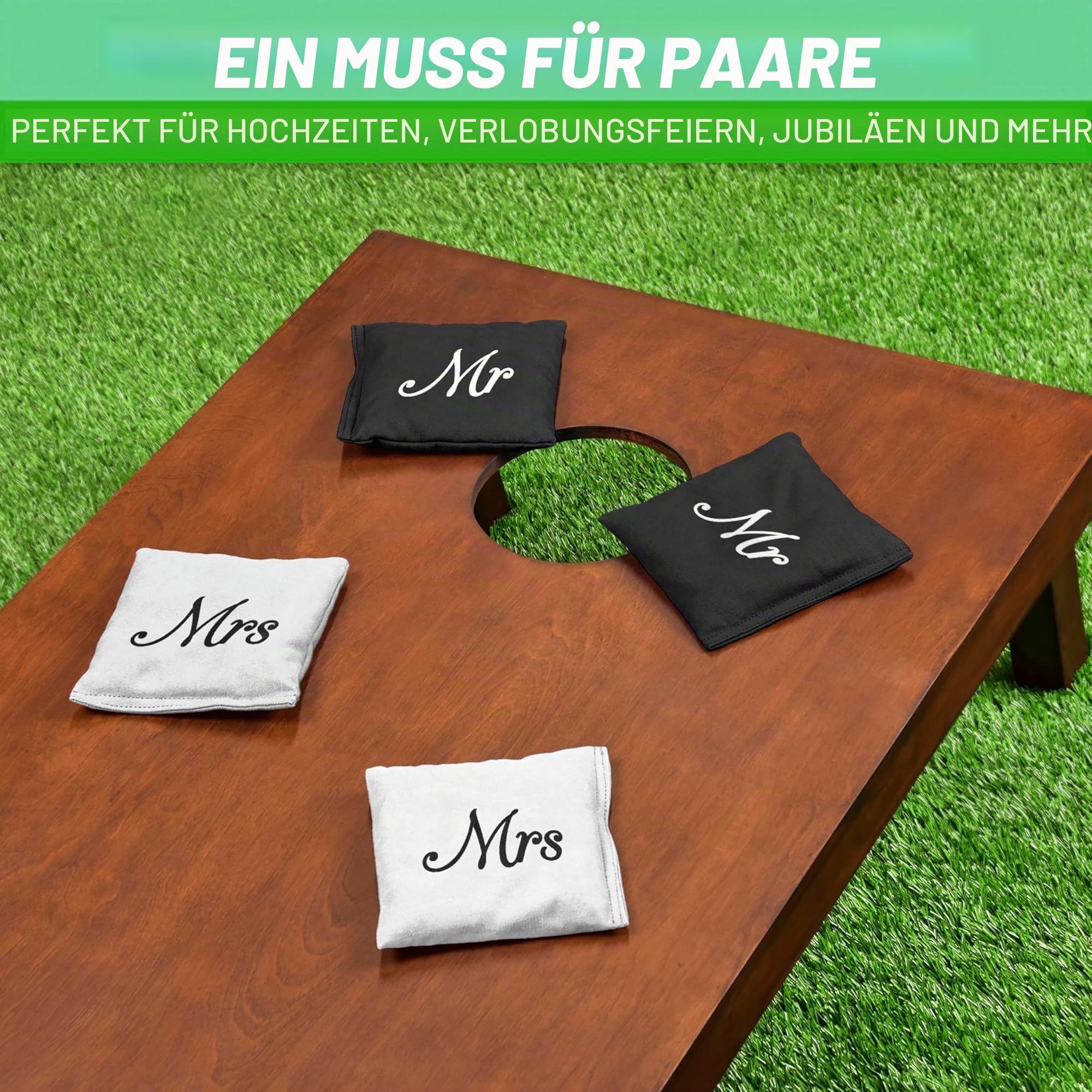 GoSports Zubehör Sitzsack-Set mit Cornhole-Motiv für Hochzeiten, 8 Stück, inkl. 4 schwarzen Mr-Taschen und 4 weißen Mrs-Tüten