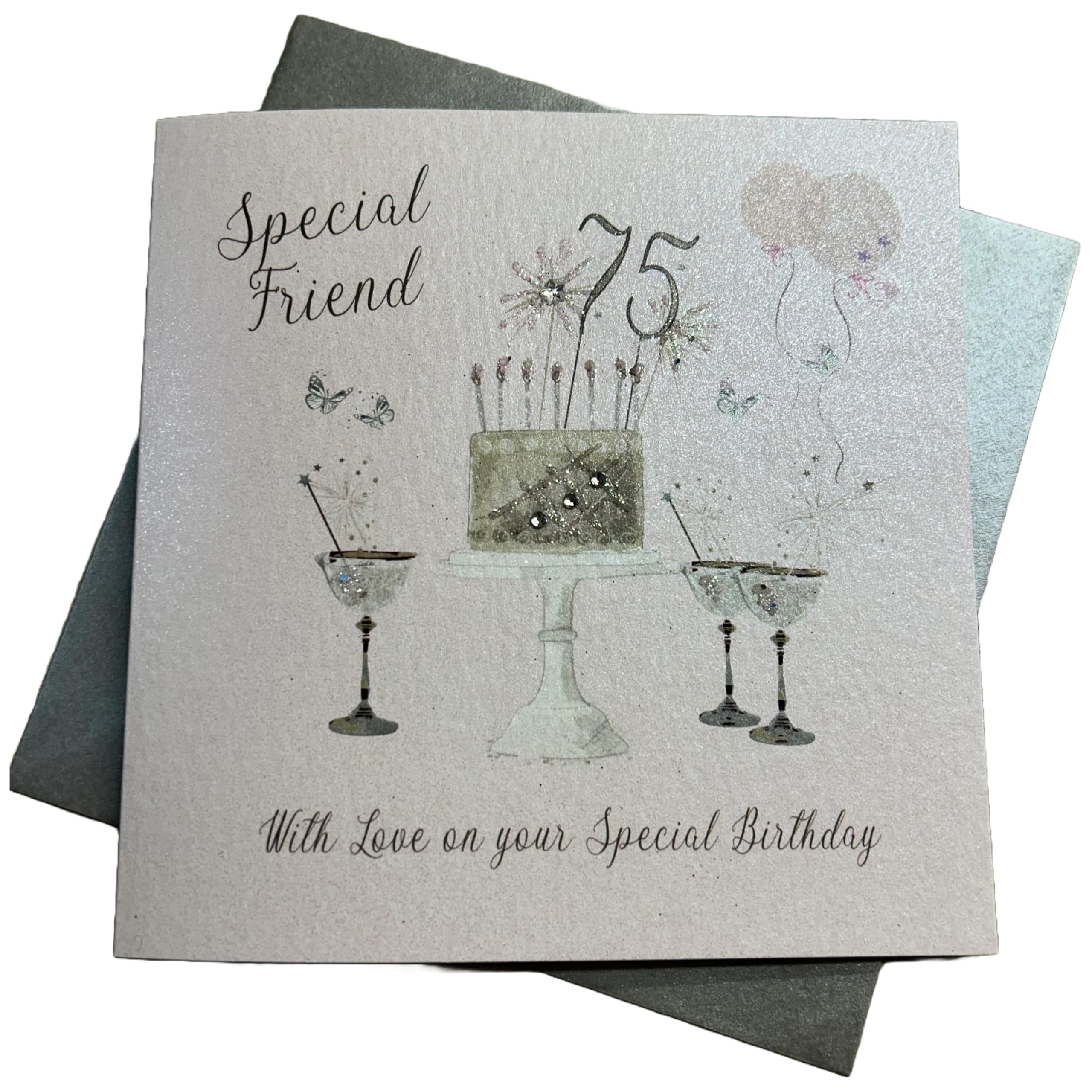 WHITE COTTON CARDS Happy 75th Birthday Card Special Friend Champagne Glasses Pink Roses SS42-SF75,16cm x 16cm
