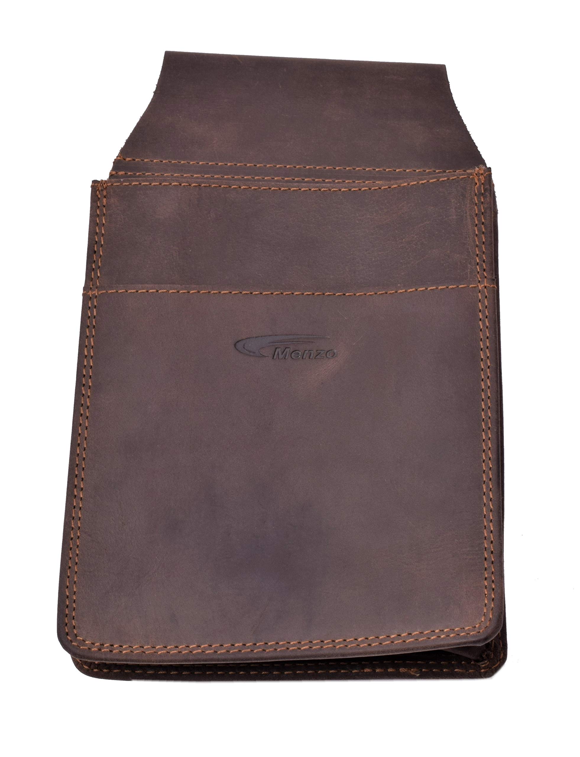Menzo Juego de cartera de camarero, cartera de camarero + funda, bolsa de camarero + cabestro, piel auténtica para hombre y mujer, Marrón, 23 cm