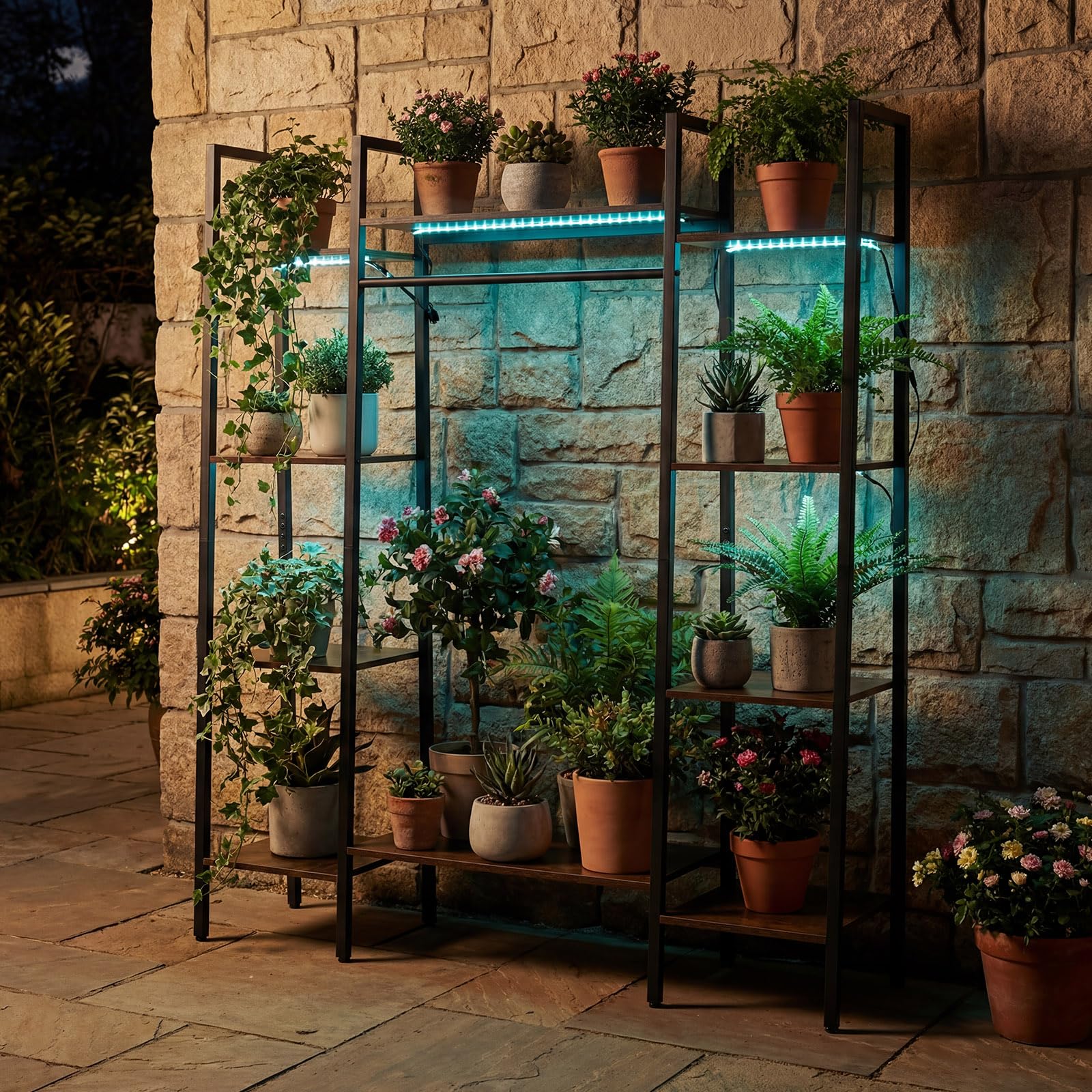 COSTWAY Scaffale Portapiante con Luci Regolabili, Scaffale Portavasi a 10 Ripiani con Telecomando e 4 Modalità d'Illuminazione, Portafiori da Interno ed Esterno in Legno e Metallo, Marrone