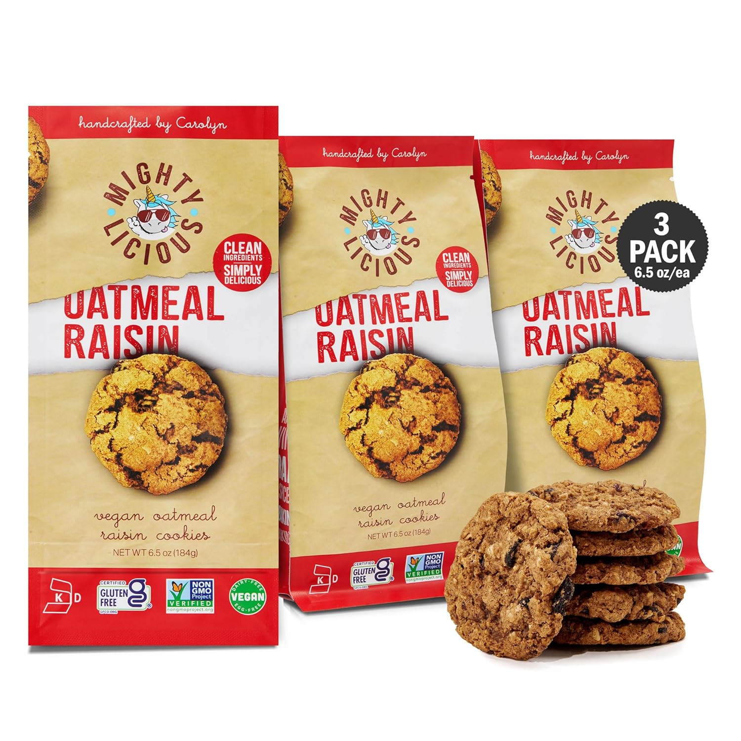 MIGHTYLICIOUS Vegan Spices Oatmeal Raisin Cookies – Gluten-Free, Dairy-Free, Allergen Friendly, Egg-Free, Non-GMO, Kosher, Preservative-Free – Snack Option for a Guilt-Free Treat - 6.5 Oz (3 Pack)