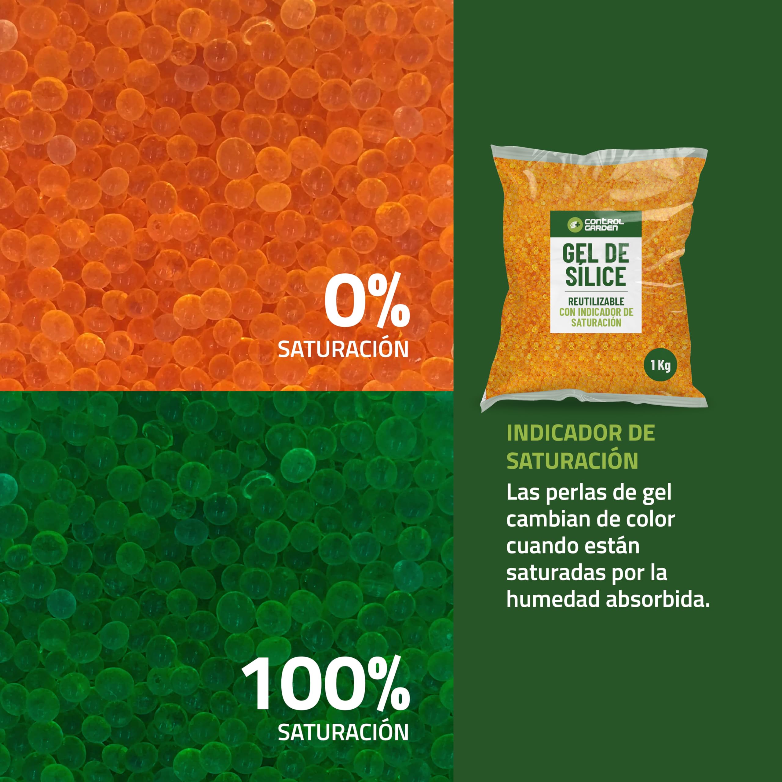 CONTROL GARDEN Gel de Sílice Naranja KG | Absorbedor de Humedad Reutilizable No Tóxico | Bolitas Desecantes Antihumedad Indicador de Saturación | Deshumidificador Natural (2 KG)