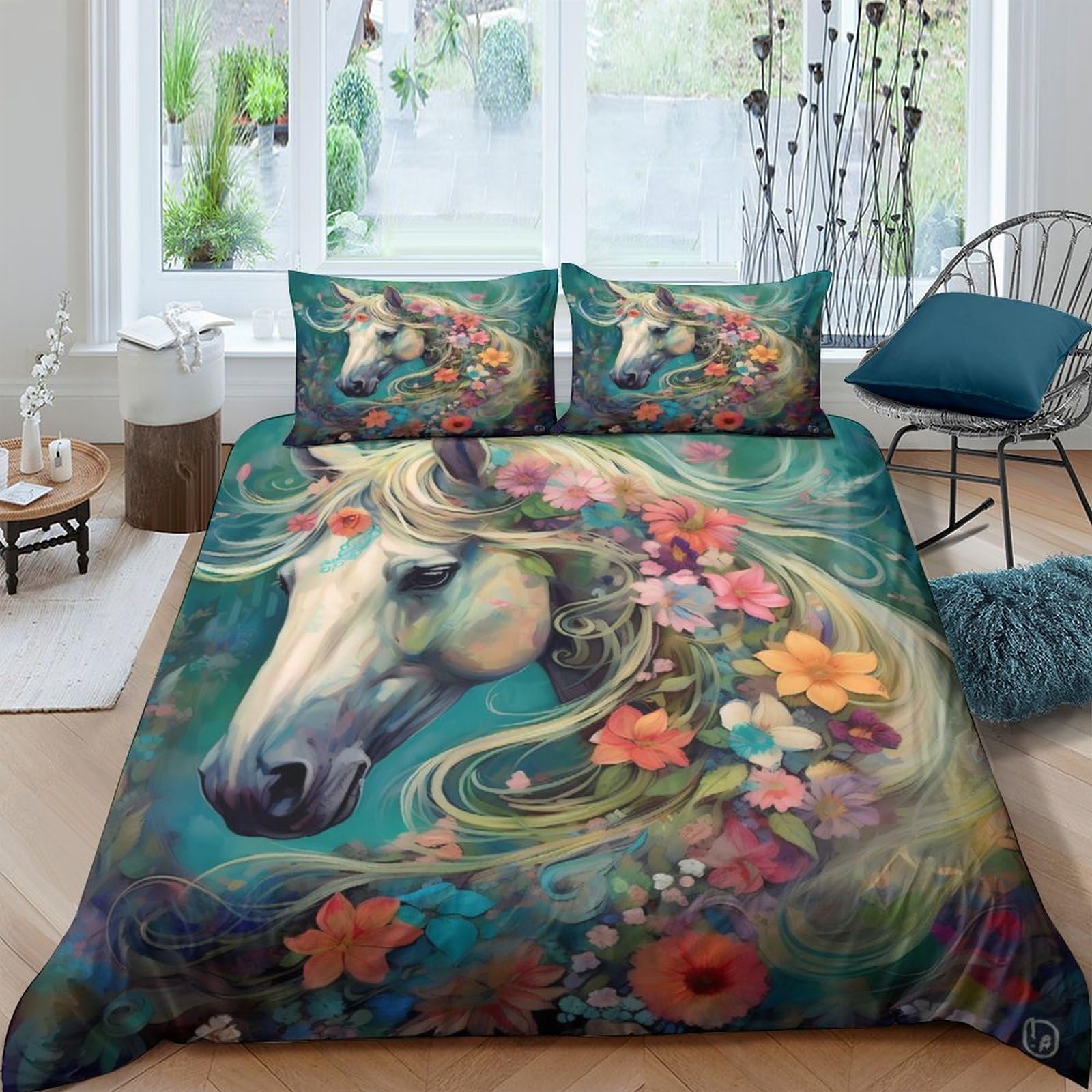 Housse de couette fleurs et chevaux 200x200cm pour lit double avec zip pratique