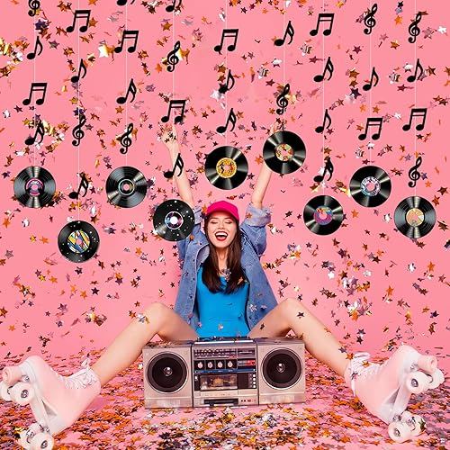 Miniatura 5 de Hotop 9 piezas de decoraciones de fiesta de rock and roll, registro retro, notas musicales, pancartas colgantes para techos recortados para fiestas