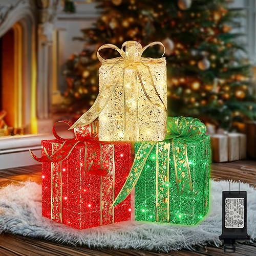 Miniatura 7 de LAMPHOME Cajas Iluminadas de Navidad, juego de 3 cajas de regalo decorativas con 91 LED, luces cálidas con parpadeo, cajas decorativas para Cajas de