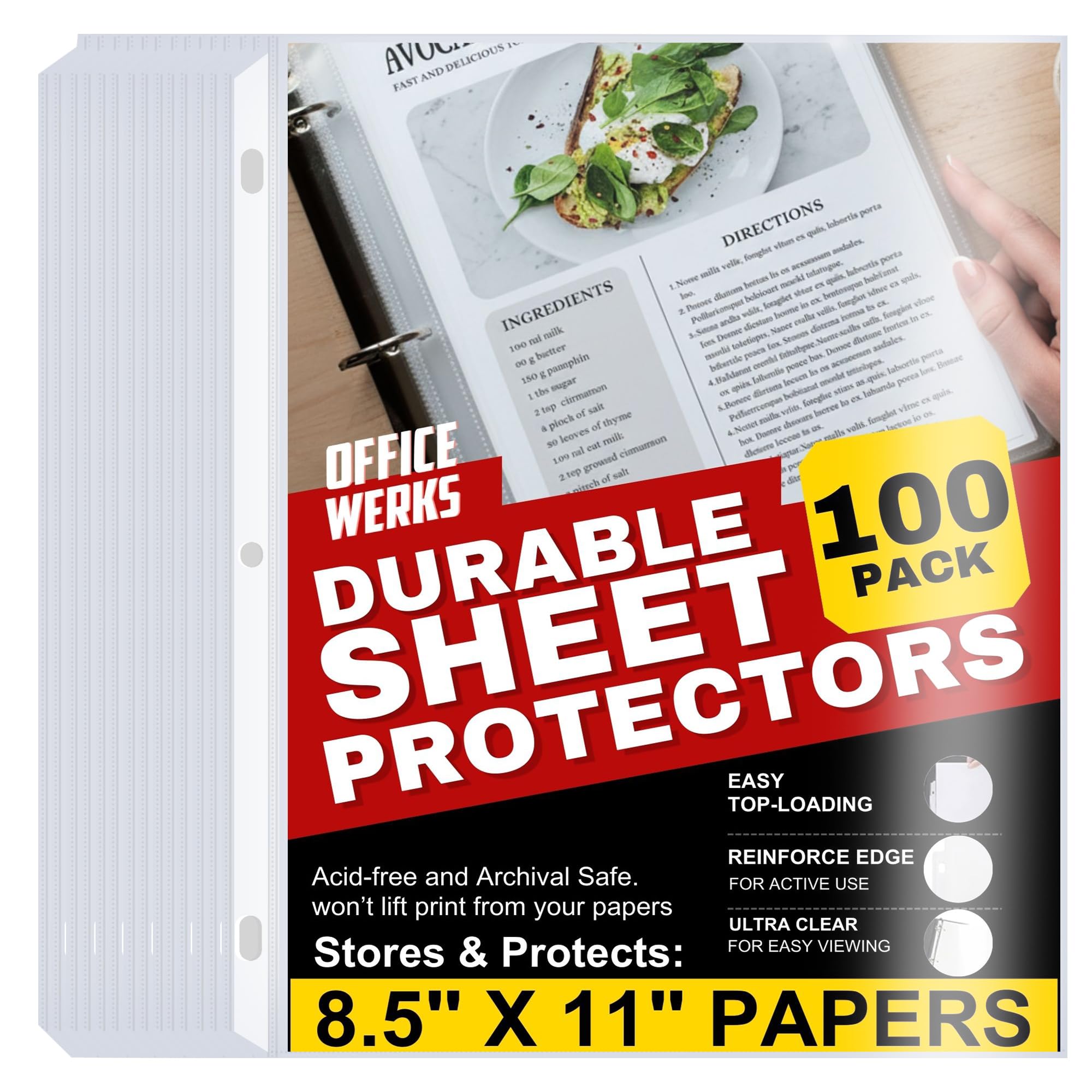 Office Werks 100 Clear Sheet Protectors, 8.5x11 Inch for 3 Ring Binder, Plastic Sheet Sleeves, Top Loading Paper Protector with Reinforced Holes, Archival Safe for Documents and Photos