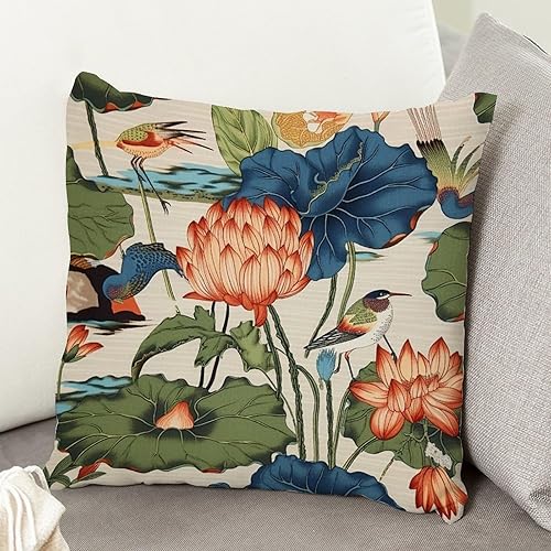 Vista 105 de ArogGeld Fundas de cojín asiáticas escénicas elegantes chinoiserie, diseño de loto verde, pájaros, jardines, funda de almohada para sofá