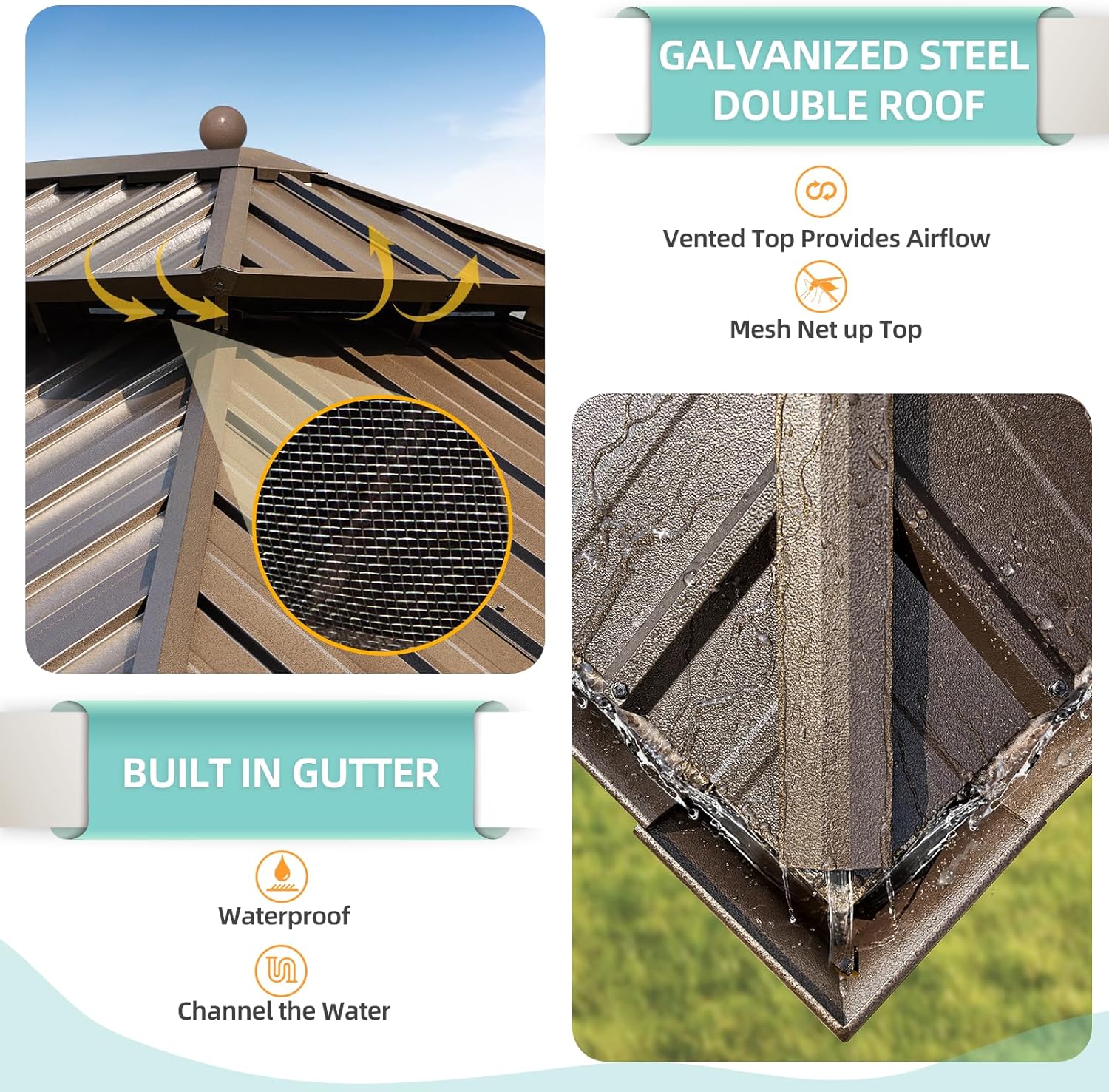 Close-up of the built-in water gutter system on the gazebo roof
