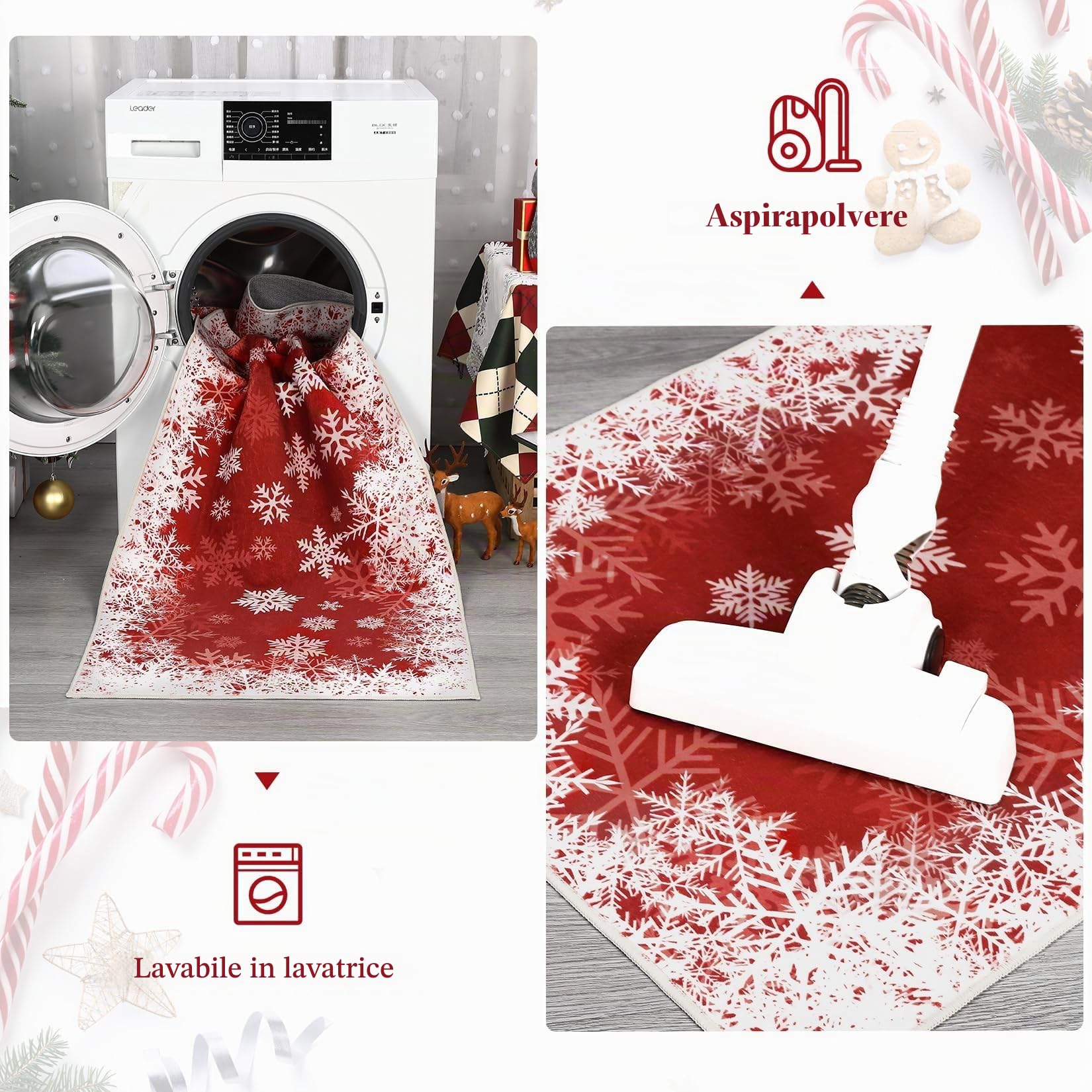 Garvee Tappeto Natalizio per Camera da Letto, Rosso 140x200 cm, Tappeto Moderno Lavabile con Fiocchi di Neve, Antiscivolo, Morbido e Resistente alle Macchie per Soggiorno, Sala da Pranzo, Aula