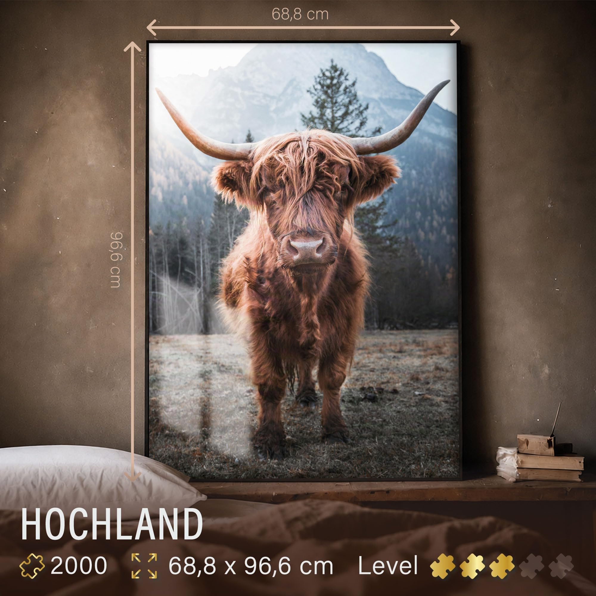 Ulmer Puzzleschmiede - Puzzle animal « Highlands » – Puzzle de 2000 pièces – Motif de bœuf puissant des Highlands sur le pâturage de vache sur fond alpin glacial