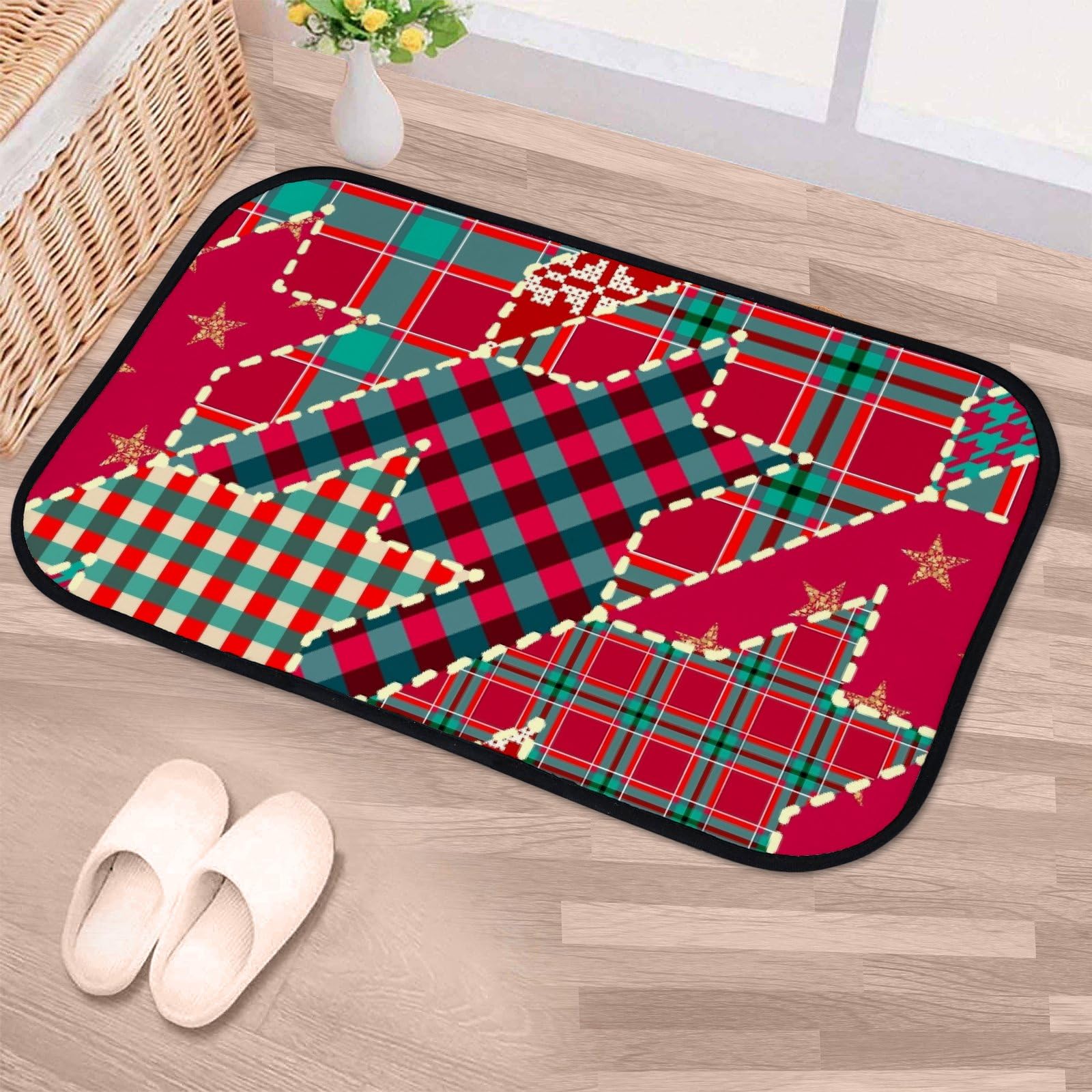 Nuansexi Bathroom Rugs Patchwork Pattern Floor Mats Non Slip Bathmat Doormat Tub Mat Coral Velvet Absorbent Entrance Carpet Mats Machine Washable Bedroom Decor
