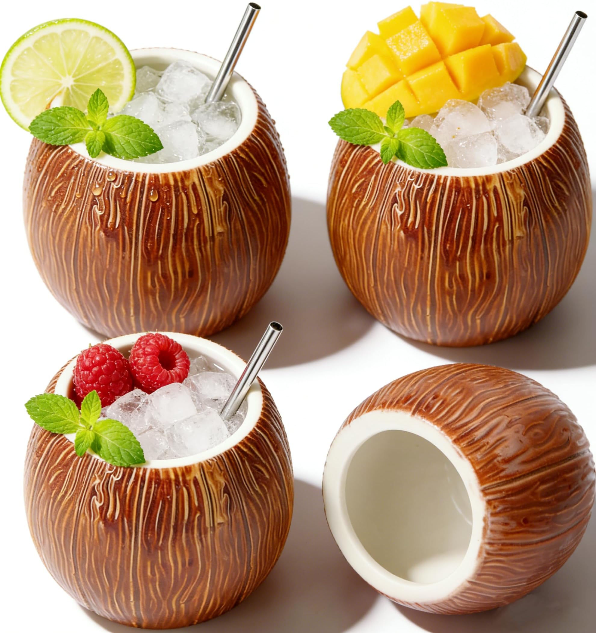 Ceramic Mug Coconut Tiki Mug Set of 4 - Cocktail Glfor Gifts Cups and Mugs Collections New Year Decoration Tiki Mug (520ml/17oz) (4)