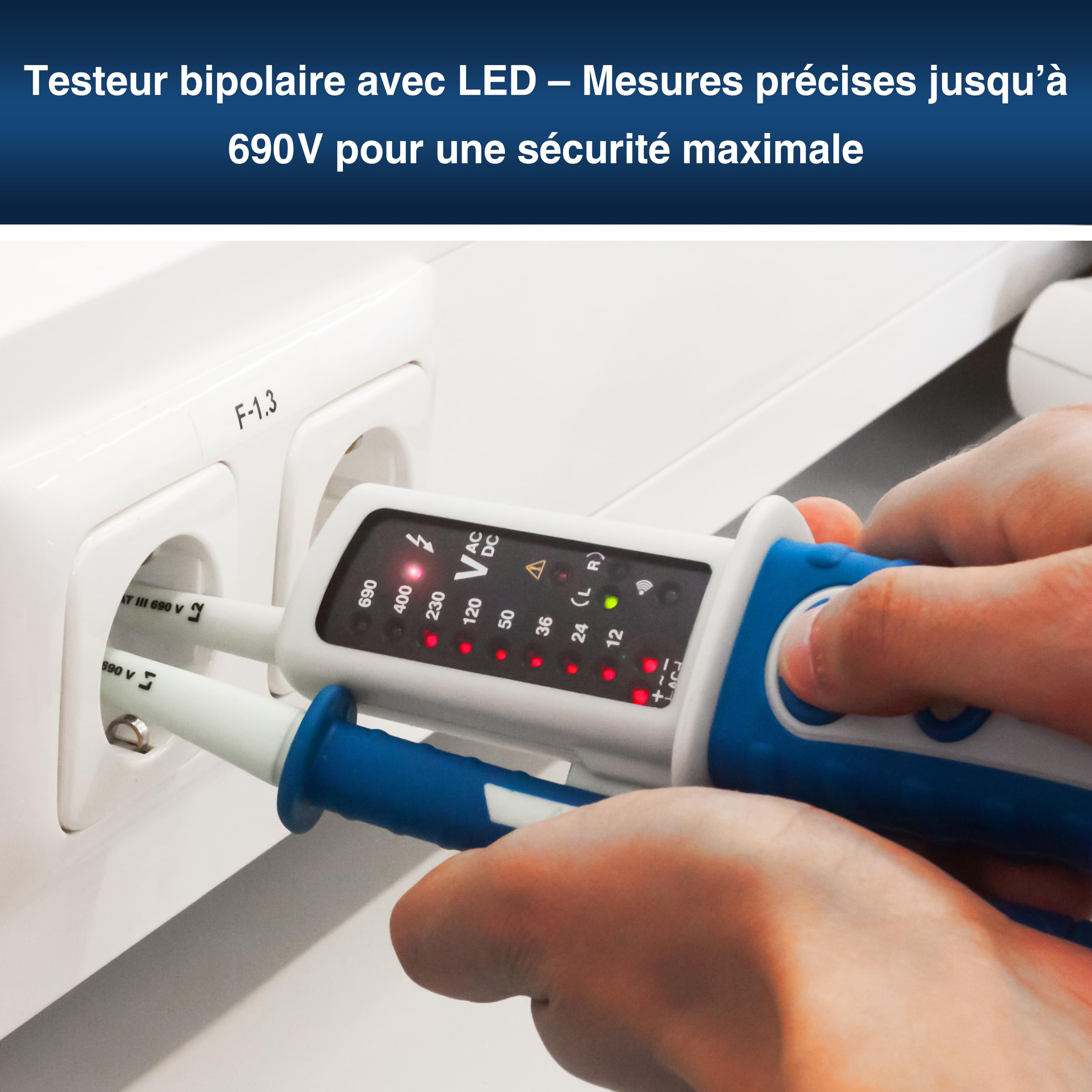 PeakTech 1095 – Testeur de Tension AC/DC 2 Pôles, Affichage LED, Résistant à la Poussière et aux Éclaboussures (IP64), Testeur de Continuité, Voltmètre 12V - 690V