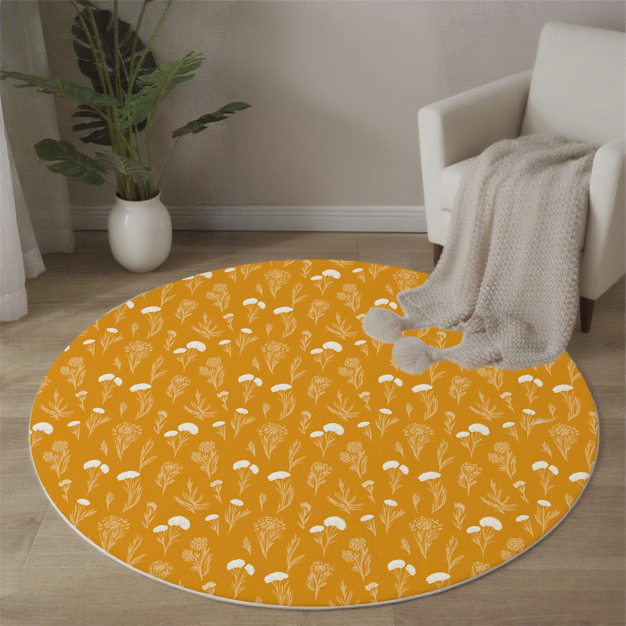 Teppich Rund 120cm Ländlicher, Natürlicher Stil rutschfest Teppiche Wildblumen Waschbar Wohnzimmerteppich Kurzflor Weich Runder Teppich Senfgelb for Schlafzimmer Studie Heimbüro