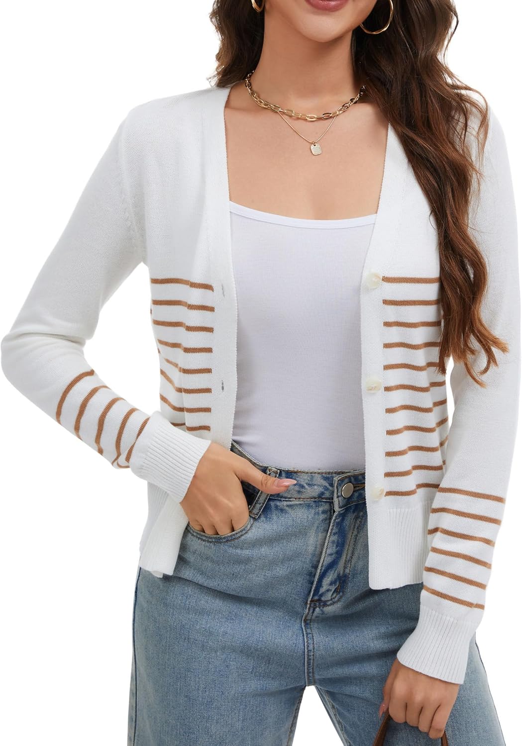 LUXEBOLD Women Striped Cardigan Sweaters Button Down V Neck Open Front Long Sleeve Knit Sweater Fall Trendy Lightweight Coat