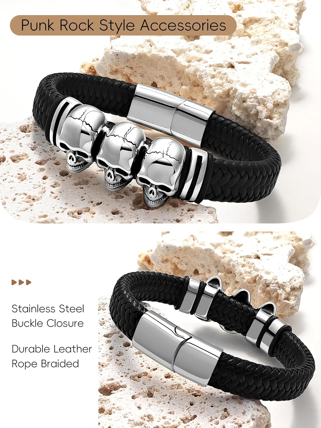 Gothic Skull Braided Leather Cuff Bracelets for Men Women,316L Stainless Steel/18K Gold Plated/Black Punk Skeleton Head woven Leather Bracelet Party Accessories for Rapper Motorcycle Biker 7.5-9 inch - Image 3