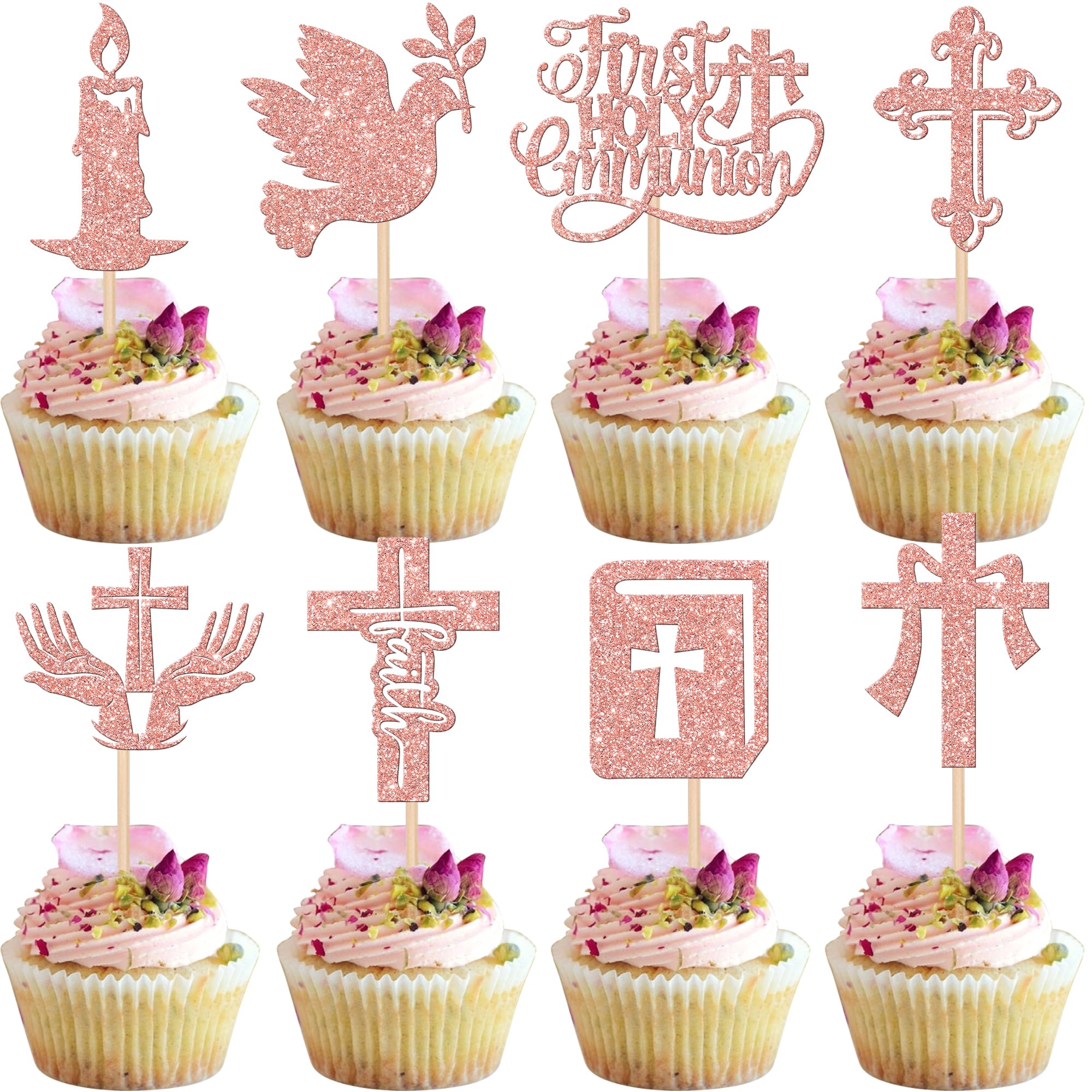 Xsstarmi 24 Pack First Holy Communion Cupcake Toppers Glitter Dove God Bless Cross Cupcake Picks for First Communion Baby Shower Baptism Theme Party Cake Decorations Rose Gold