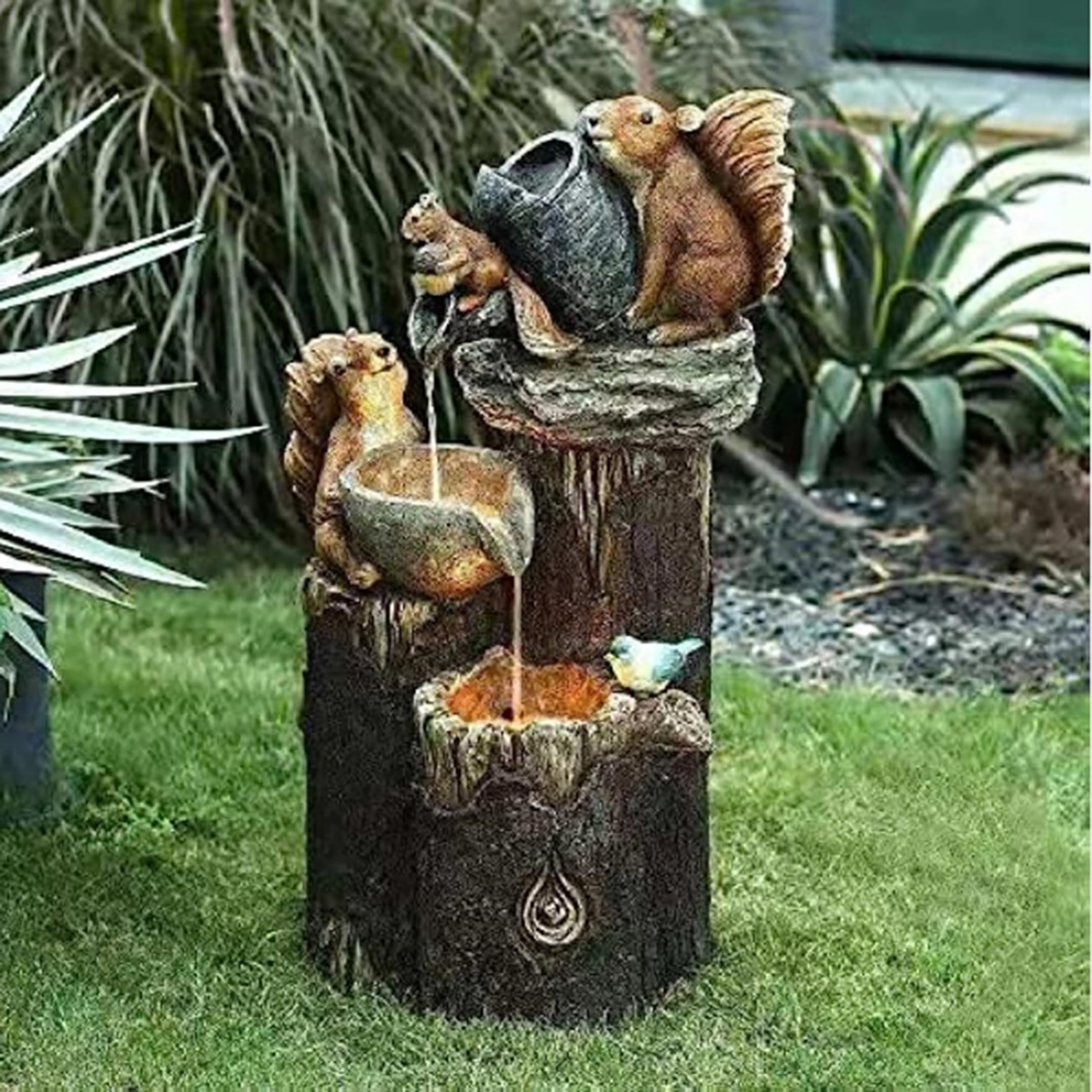 USB and solar water features indoor and outdoor three squirrels sculpture fountain statue garden LED light pool waterfall decoration, 30 * 18cm,A