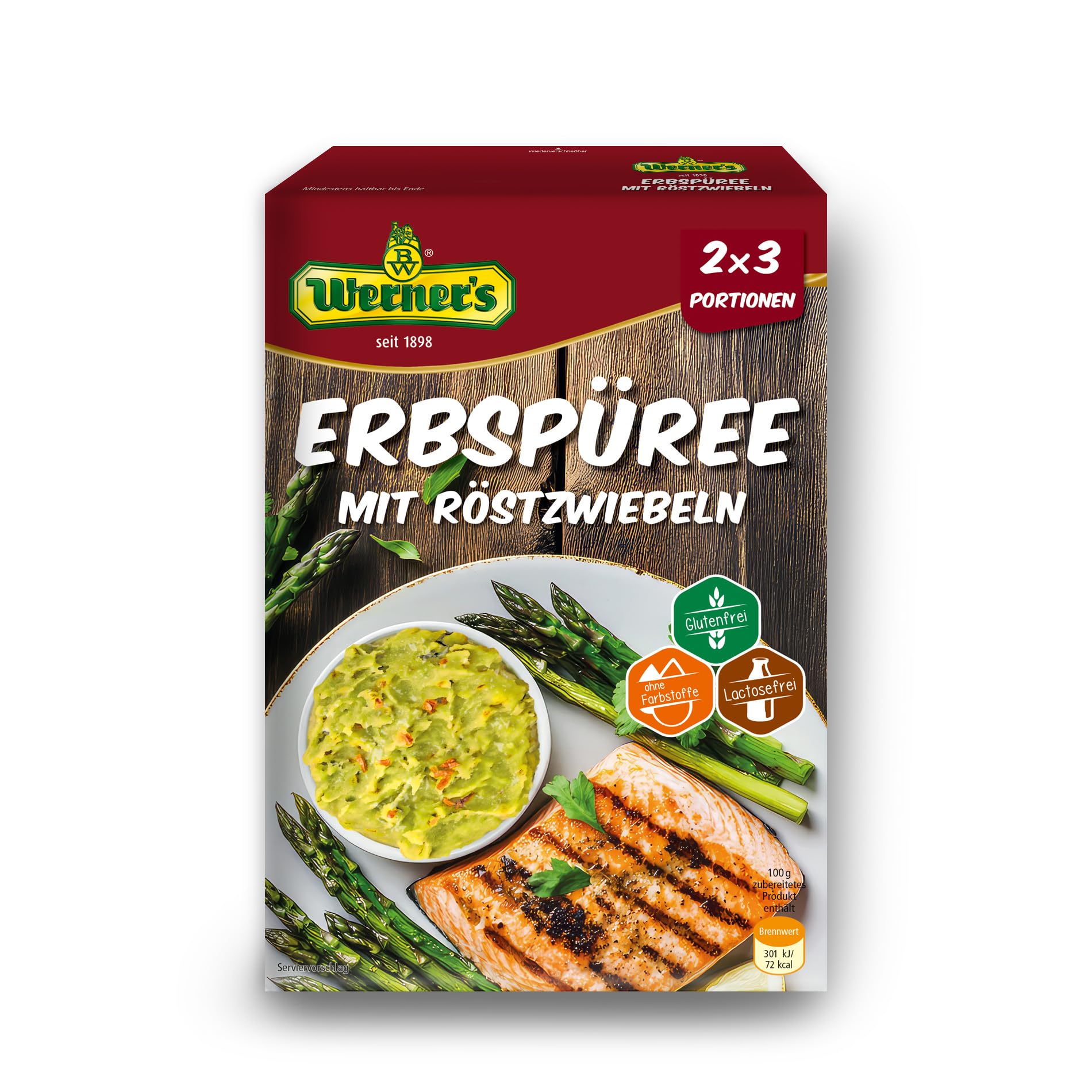 Werner´s Erbspüree mit Röstzwiebeln, 2x3 Portionen, 8 Packungen pro Karton, Glutenfrei, laktosefrei, ohne Farbstoffe, ohne zugesetzte Aromen, Mikrowellengeeignet,