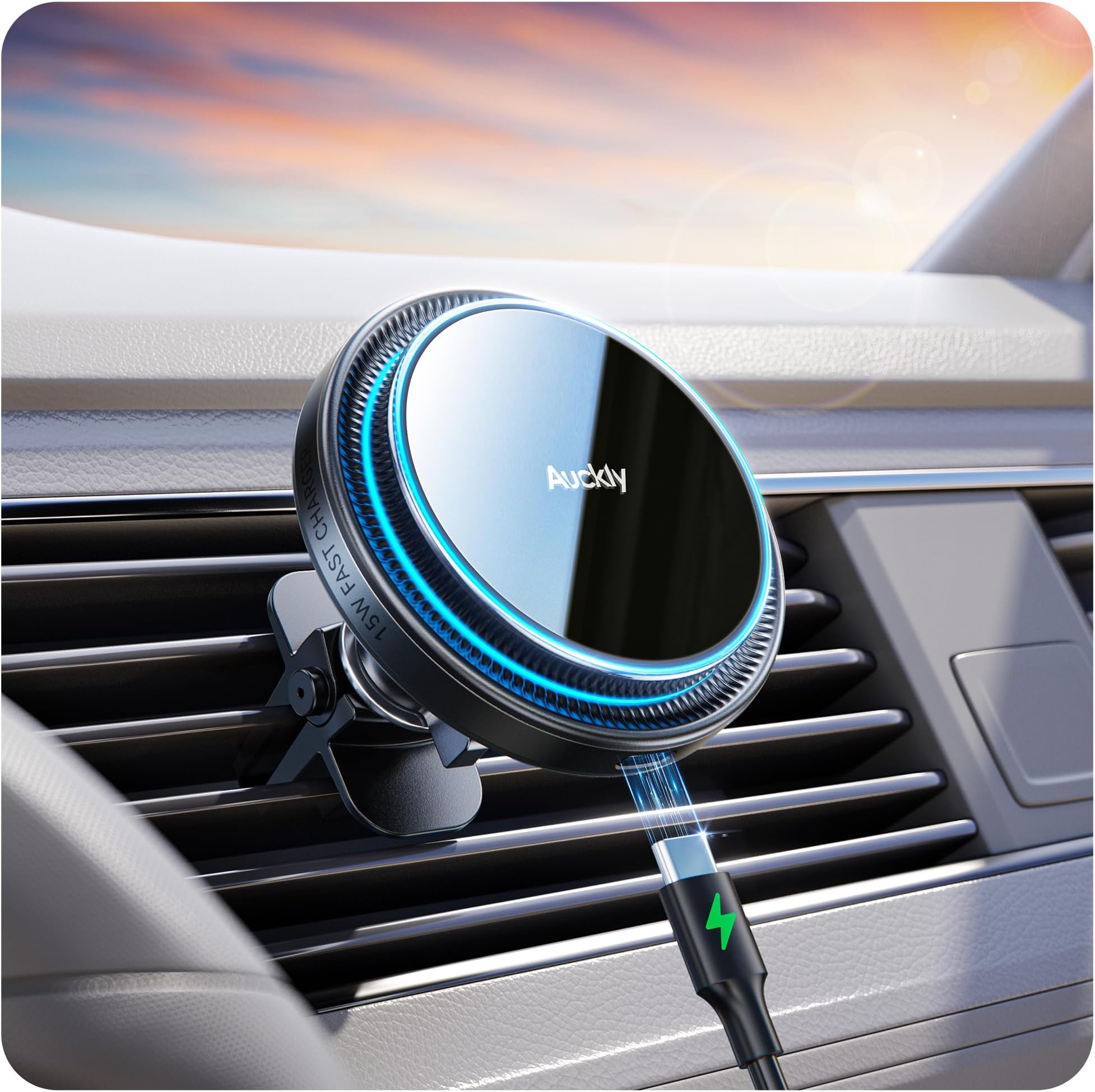 Auckly 15W for MagSafe Car Mount Charger, (3.81 lbf) Strong Magnetic Wireless Car Charger, Air Vent/Dashboard, Phone Holder Mount for iPhone 16/15/14/13/12 & Samsung, Fast Charging, Aluminium, Black