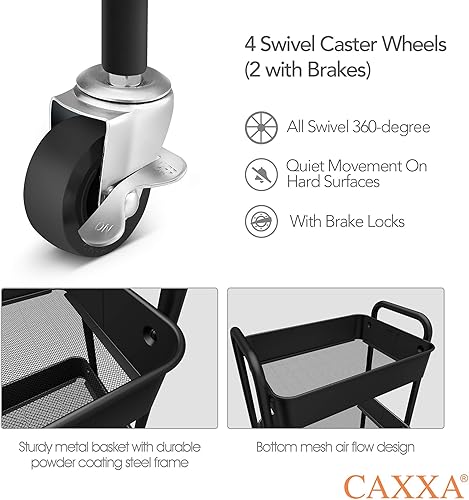 Miniatura 3 de CAXXA 3-Tier Rolling Metal Storage Organizer - Mobile Utility Cart, Kitchen Cart with Caster Wheels (Black) Negro,Aqua Green,Azul,Gris,Rosa,Blanco