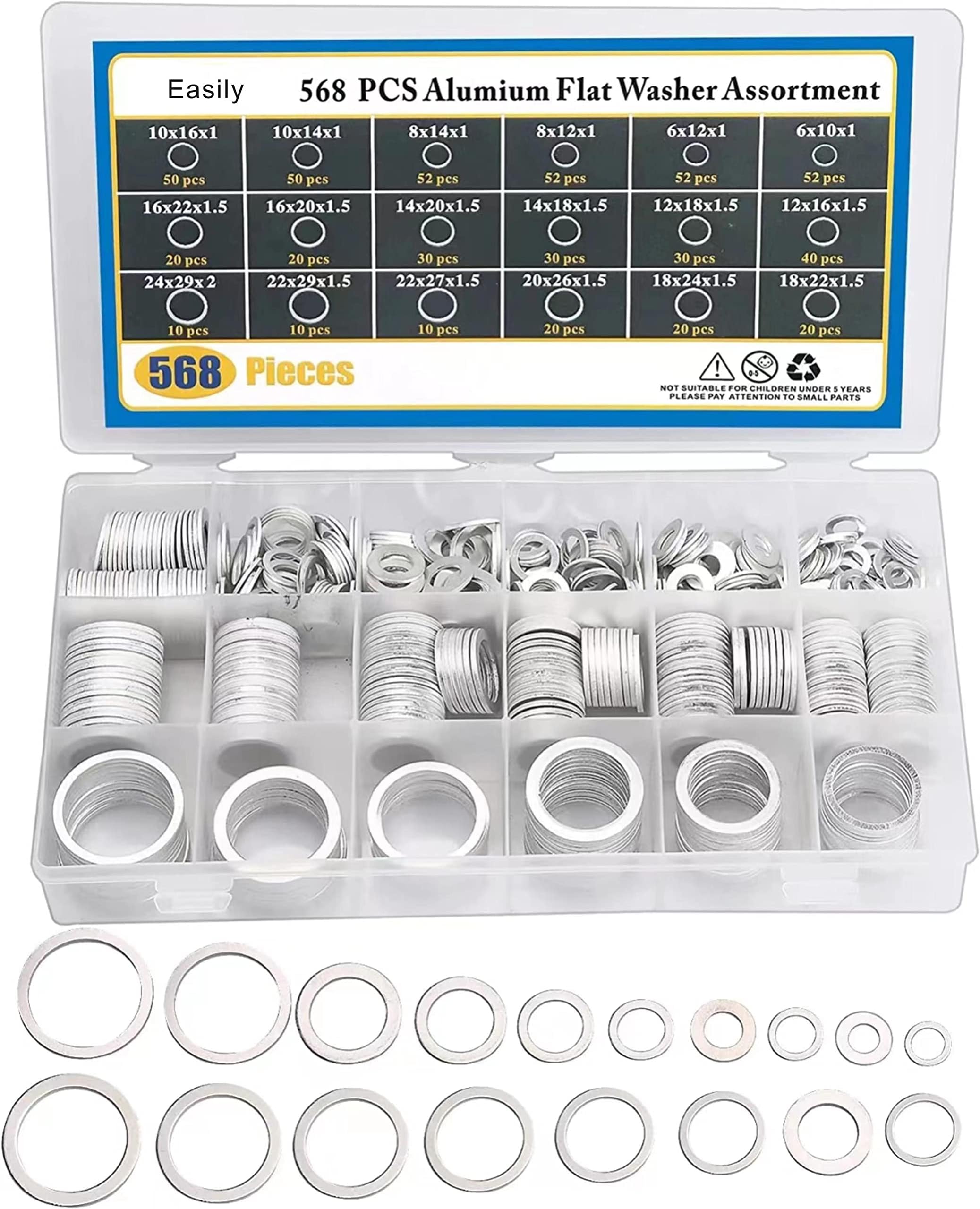 Easily Crush Washer Oil Drain Plug - 568 Pieces 18 Sizes Aluminum Automotive Engine Oil Pan Drain Plug Gasket Assortment Kit (M6 M8 M10 M12 M14 M16 M18 M20 M22 M24)