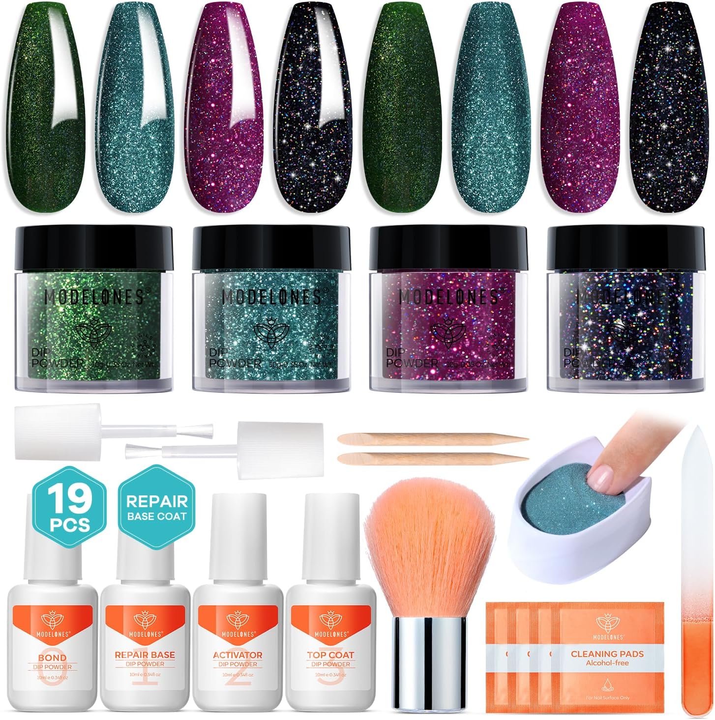 Modelones Dip Powder Nail Kit, 4 Colors Black Green Blue Purple Glitter Dipping Starter Set with Liquid and Accessories for French Nails Art Salon DIY at Home Manicure