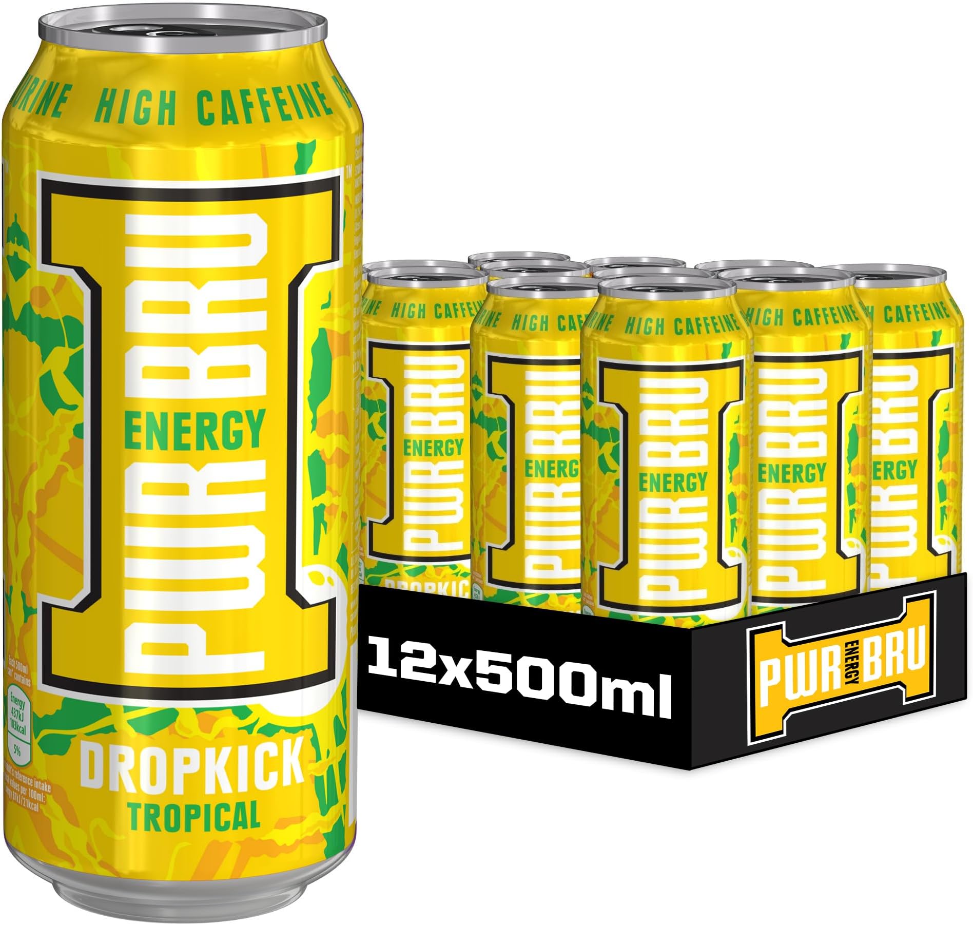 𝐏𝐖𝐑-𝐁𝐑𝐔 DropKick Tropical 12 Pack Big Can Energy Drink with High Caffeine, Taurine and Vitamins - 12 x 500ml Cans