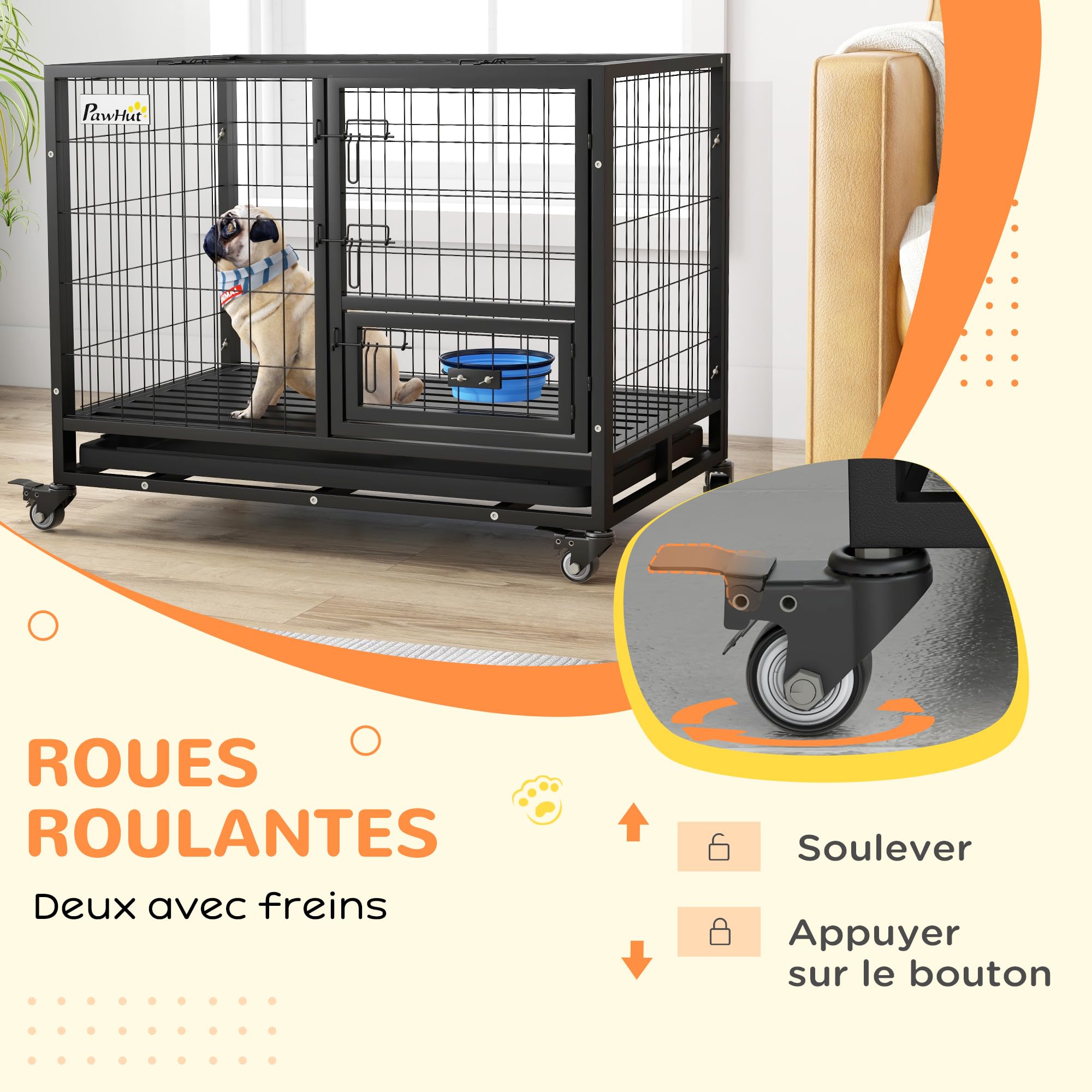 PawHut Cage pour Chien Animaux Cage de Transport sur roulettes avec 2 Portes verrouillables Support de gamelle Plateau Amovible en Acier dim. 92L x 62l x 73H cm Noir