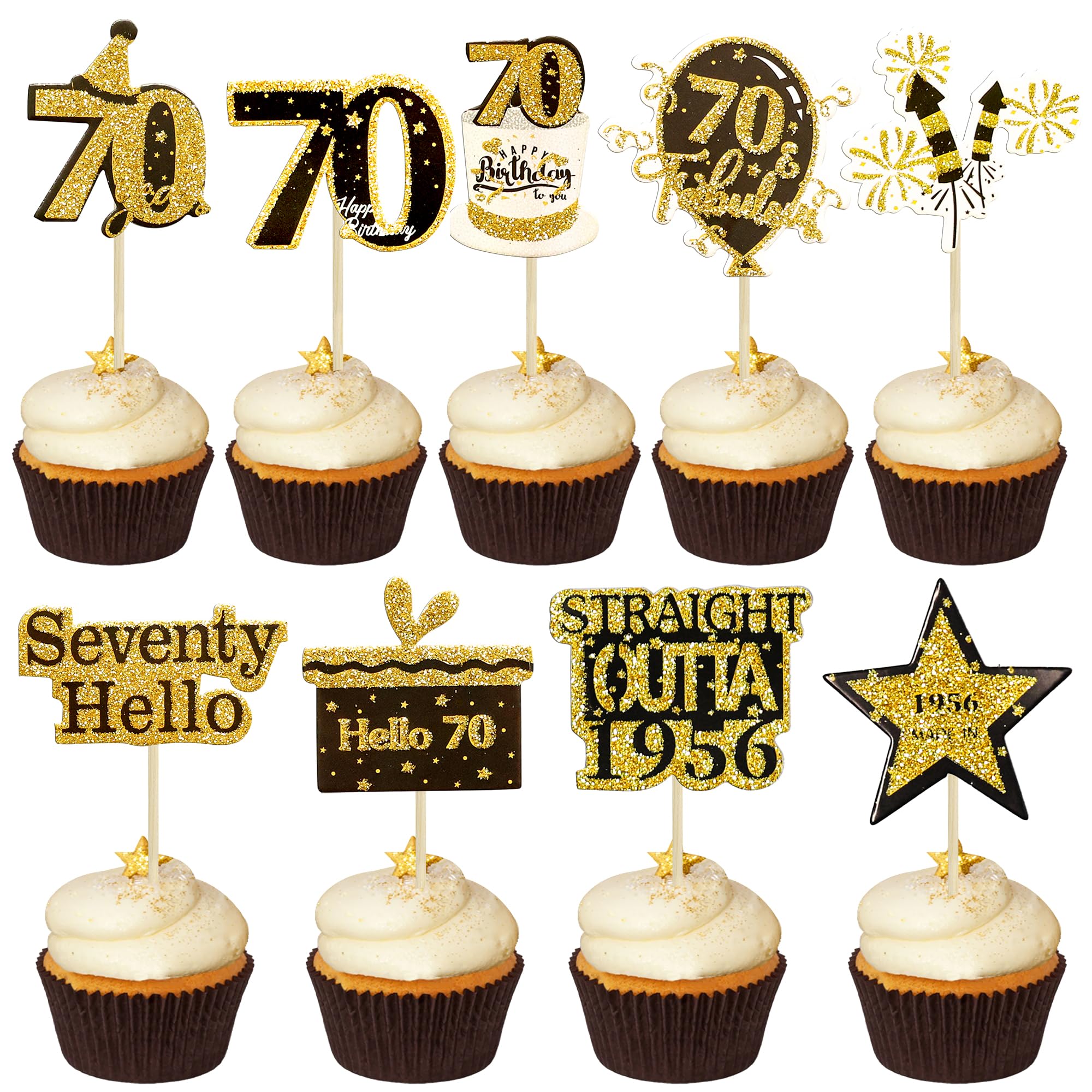 Gyufise 36Pcs Happy 70th Birthday Cupcake Toppers Glitter Black Gold Seventy Straight Outta 1956 Cupcake Picks 70 Fabulous Cheers to 70 Years Cake Decorations for 70th Birthday Party Supplies