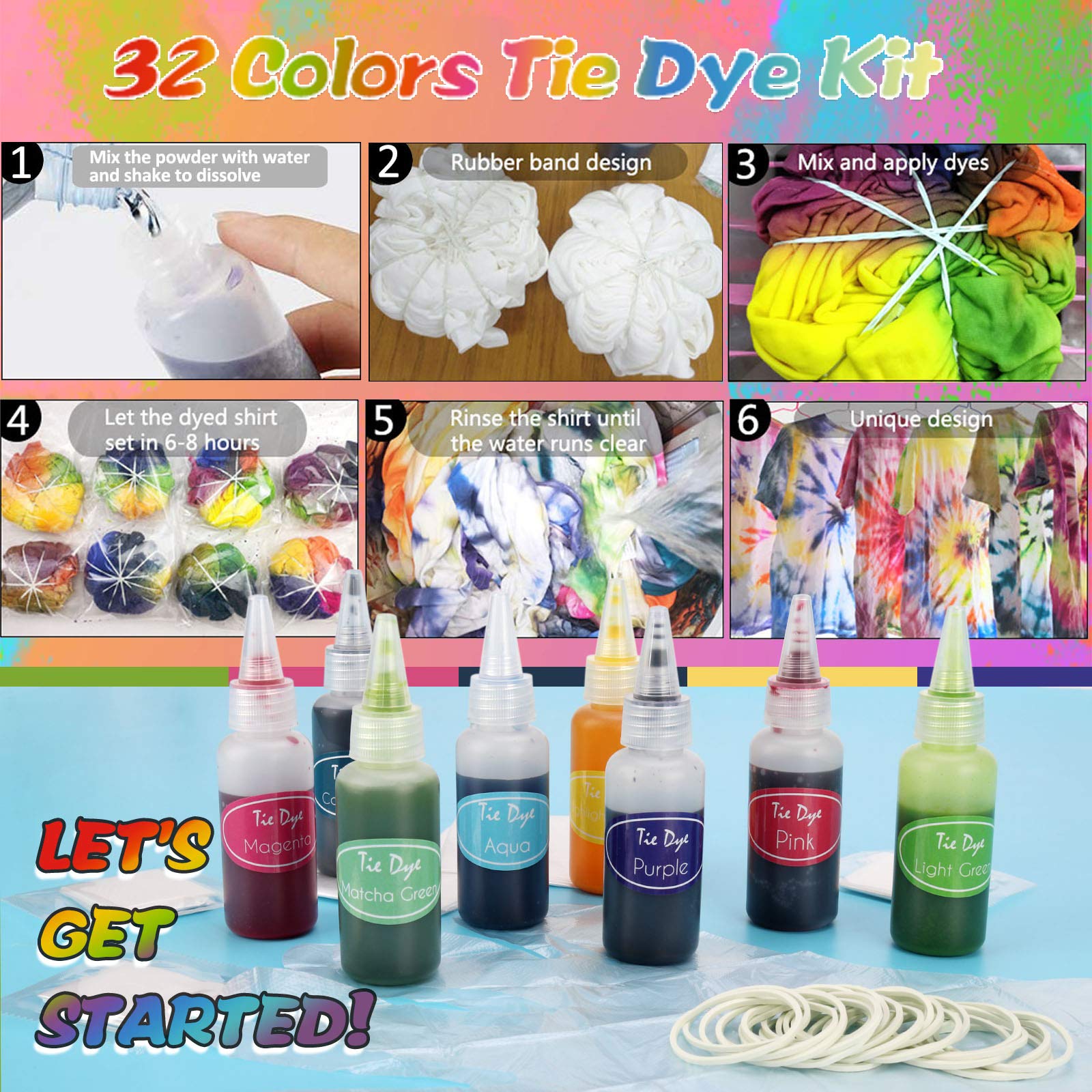 Batikfarben Set, TopDirect 32 Färben Tie Dye Kit, DIY Textilfarbe, Batik Set Waschmaschinenfest von Stoff und Kleidung, Färbemittel Textilien für Kindergeburtstag Bastelset Kinder & Erwachsene