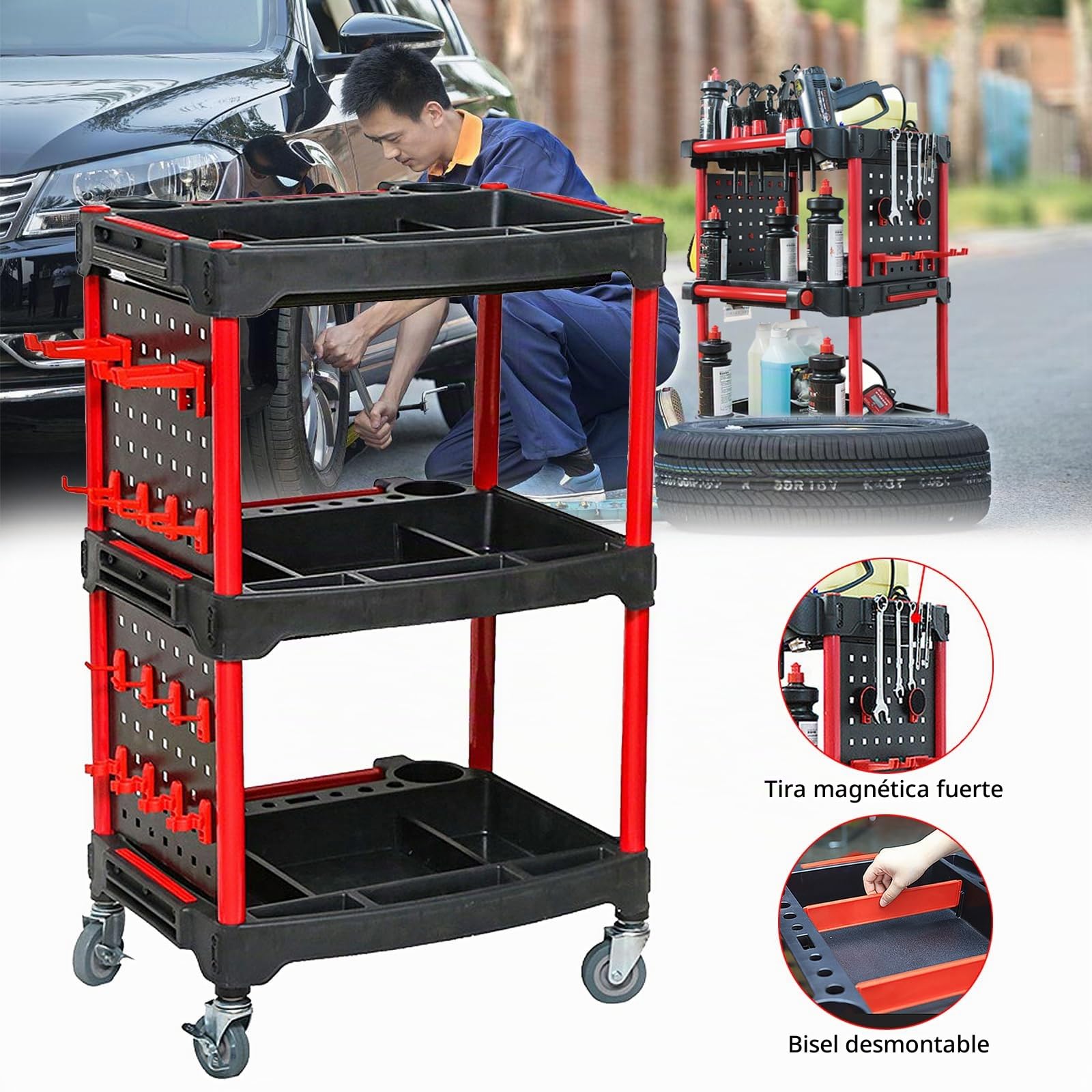 Carrito de detalles de coche con ruedas, carrito de detalles de lavado de autos de 3 niveles con placa lateral para colgar y ganchos, para mecánicos y detalladores durante las reparaciones, carrito de