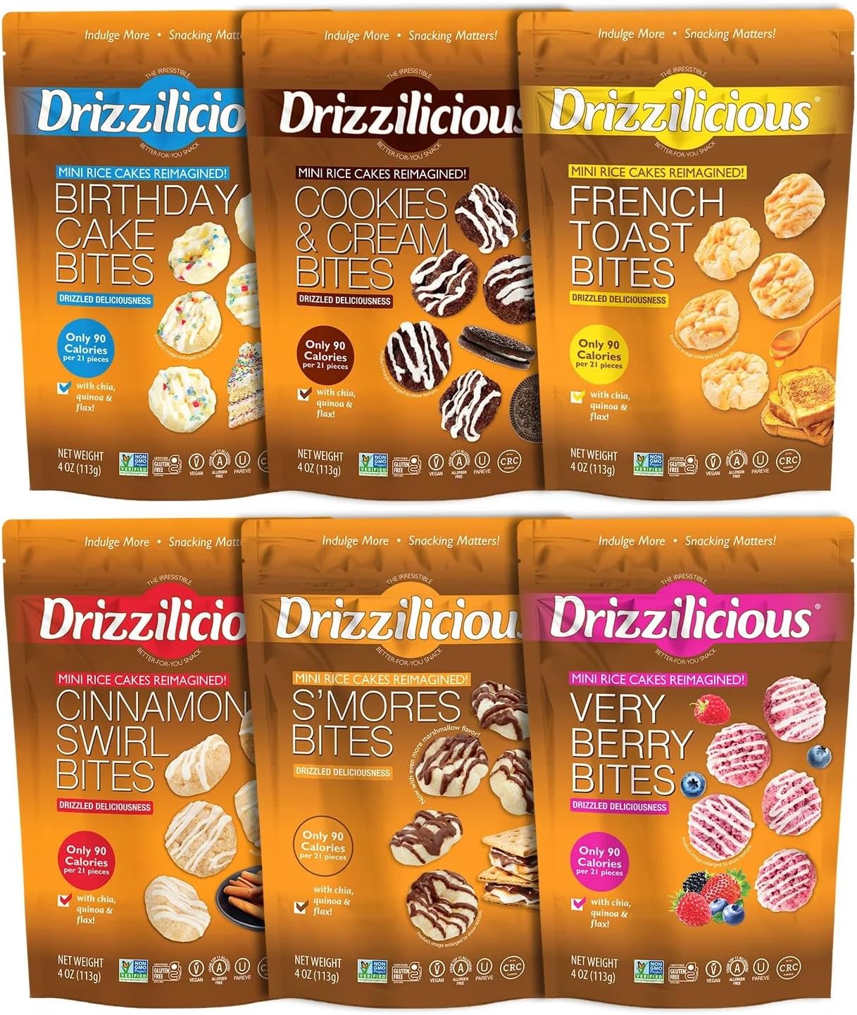 Drizzilicious Mini Flavored Rice Cakes - Rice Crisps, Healthy Snack for Adults and Kids, Vegan, Gluten Free Snack, 90 Calories Per 21 Pieces - Ultimate Variety Pack, 4 oz (Pack of 6)