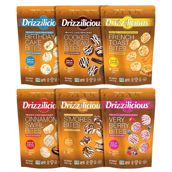 Drizzilicious Mini Flavored Rice Cakes - Rice Crisps, Healthy Snack for Adults and Kids, Vegan, Gluten Free Snack, 90 Calories Per 21 Pieces - Ultimate Variety Pack, 4 oz (Pack of 6)