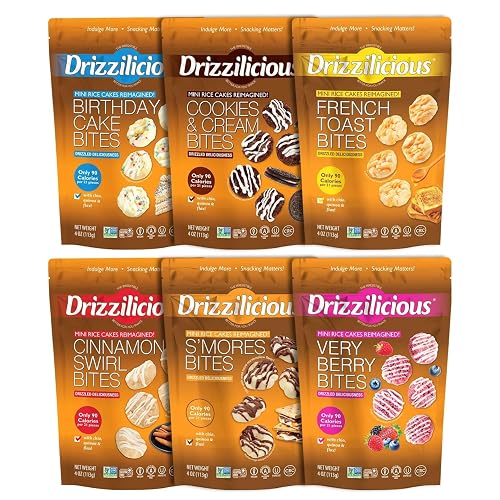 Drizzilicious Mini Flavored Rice Cakes - Rice Crisps, Healthy Snack for Adults and Kids, Vegan, Gluten Free Snack, 90 Calories Per 21 Pieces - Ultimate Variety Pack, 4 oz (Pack of 6)