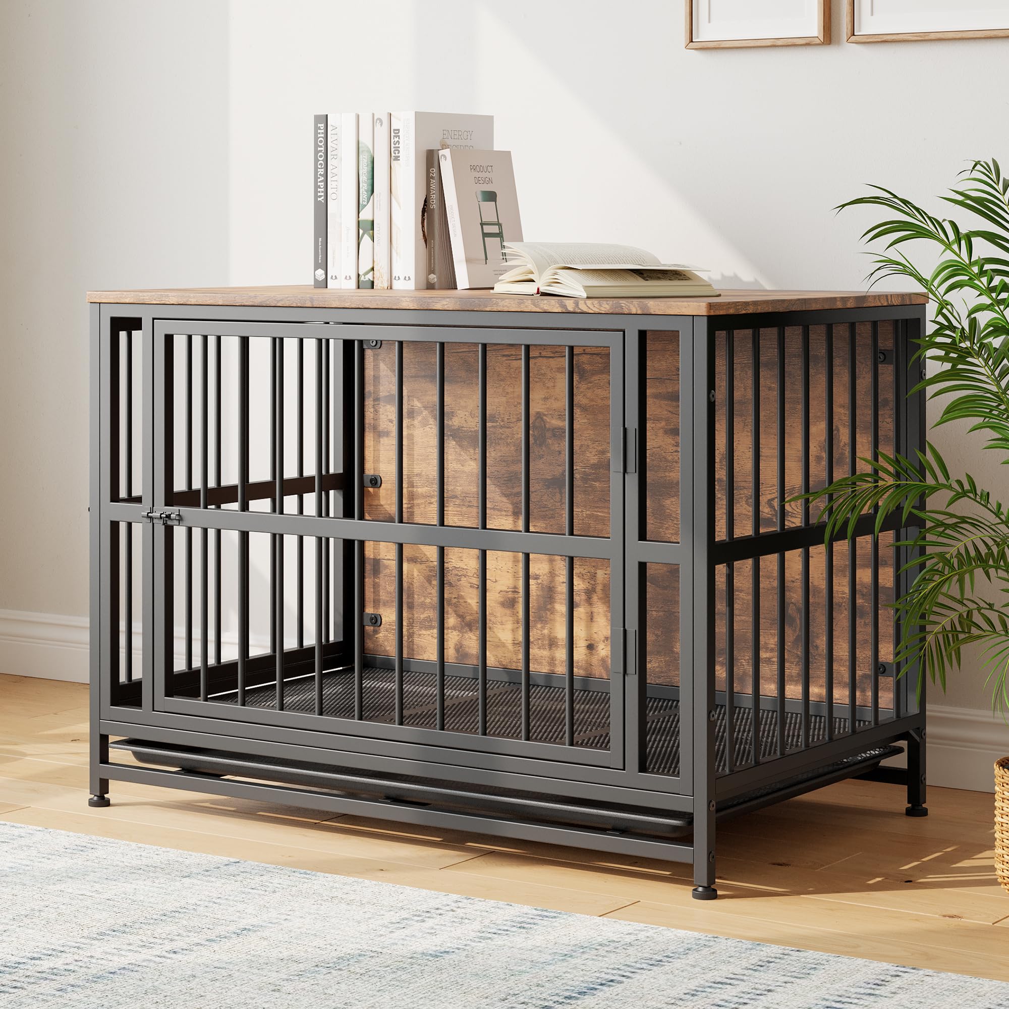 Jaula para perro, jaula para perros robusta para perros de grande/mediana talla, casa para perros con bandeja extraíble, jaula para mascotas con doble puerta, mesa auxiliar, resistente a